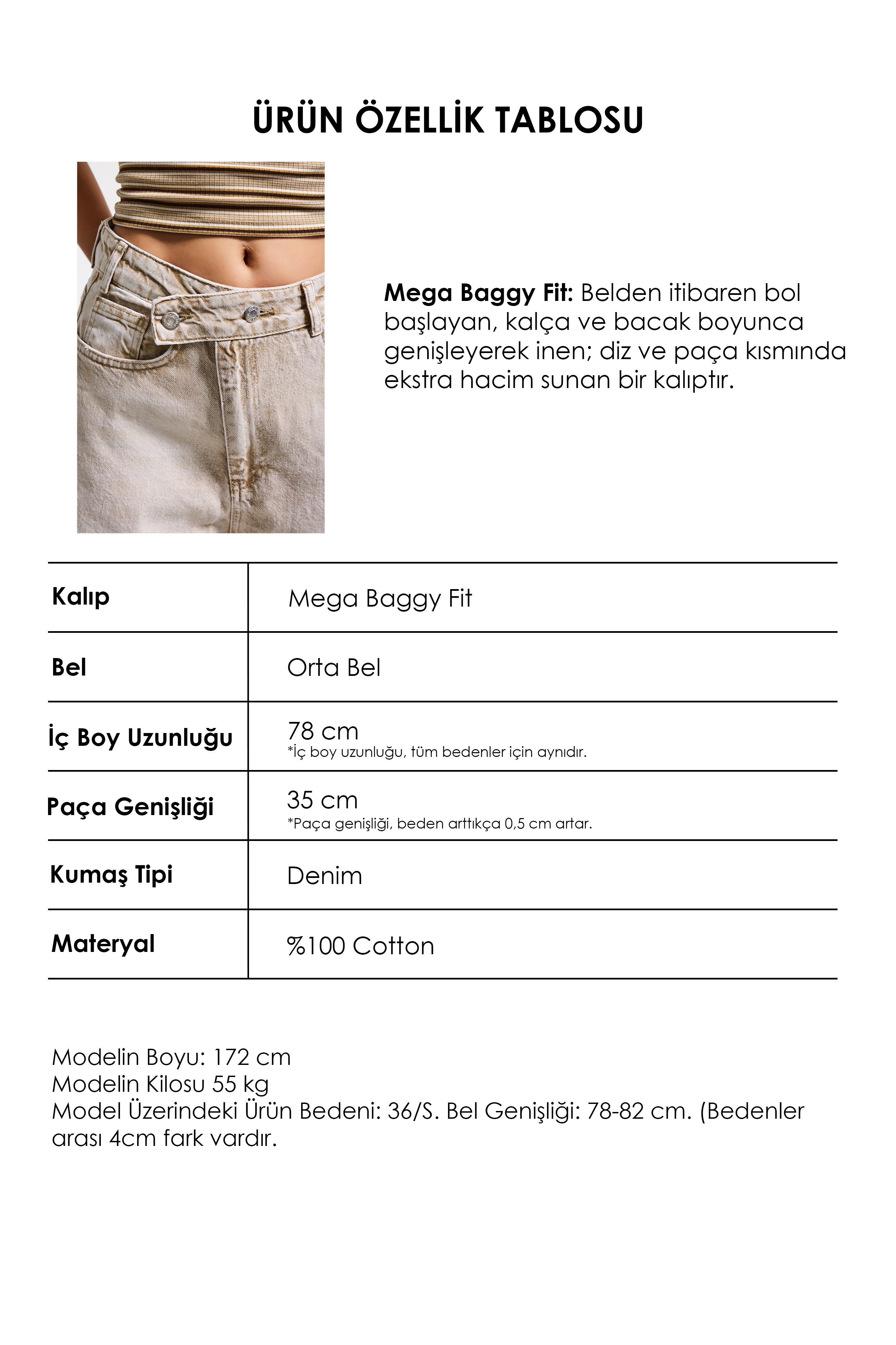 Kadın Taş Renk 4s6-76 Mega Baggy Fit Kemer Detaylı Bol Kesim Denim Jean