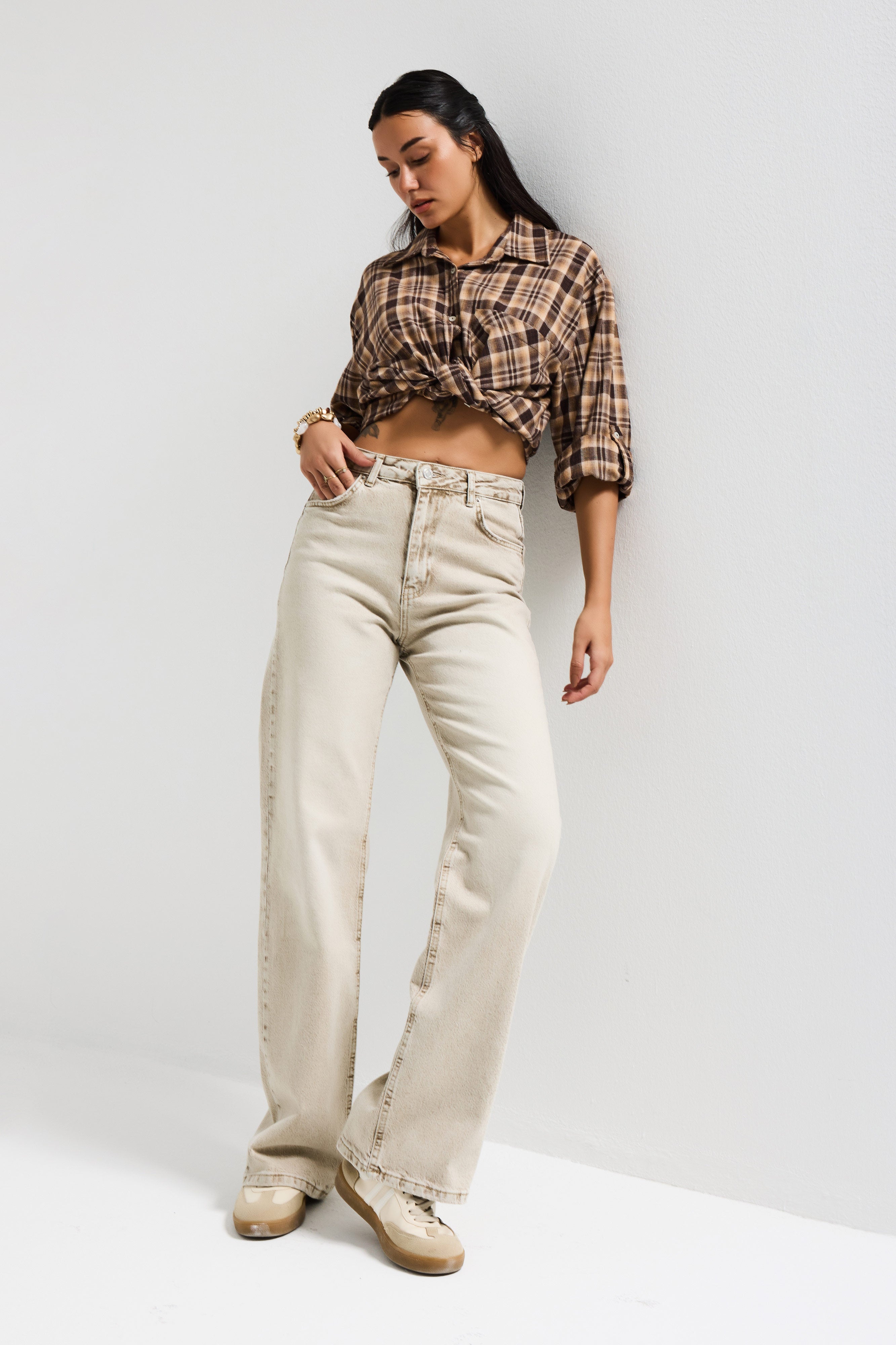 Kadın Taş Renk 4s6-76 Straight Fit Yüksek Bel Komfort Kumaş Denim Jean