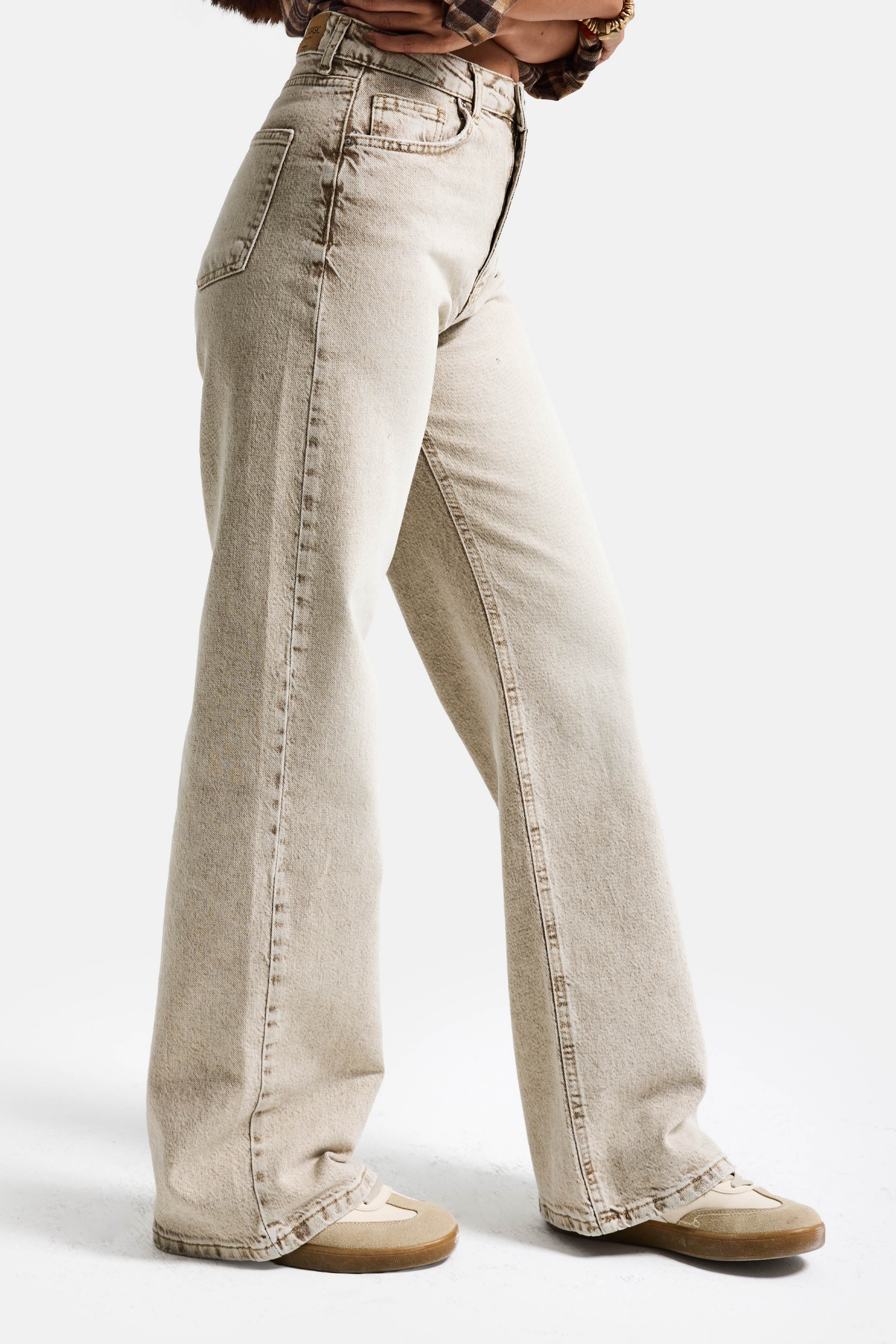 Kadın Taş Renk 4s6-76 Straight Fit Yüksek Bel Komfort Kumaş Denim Jean