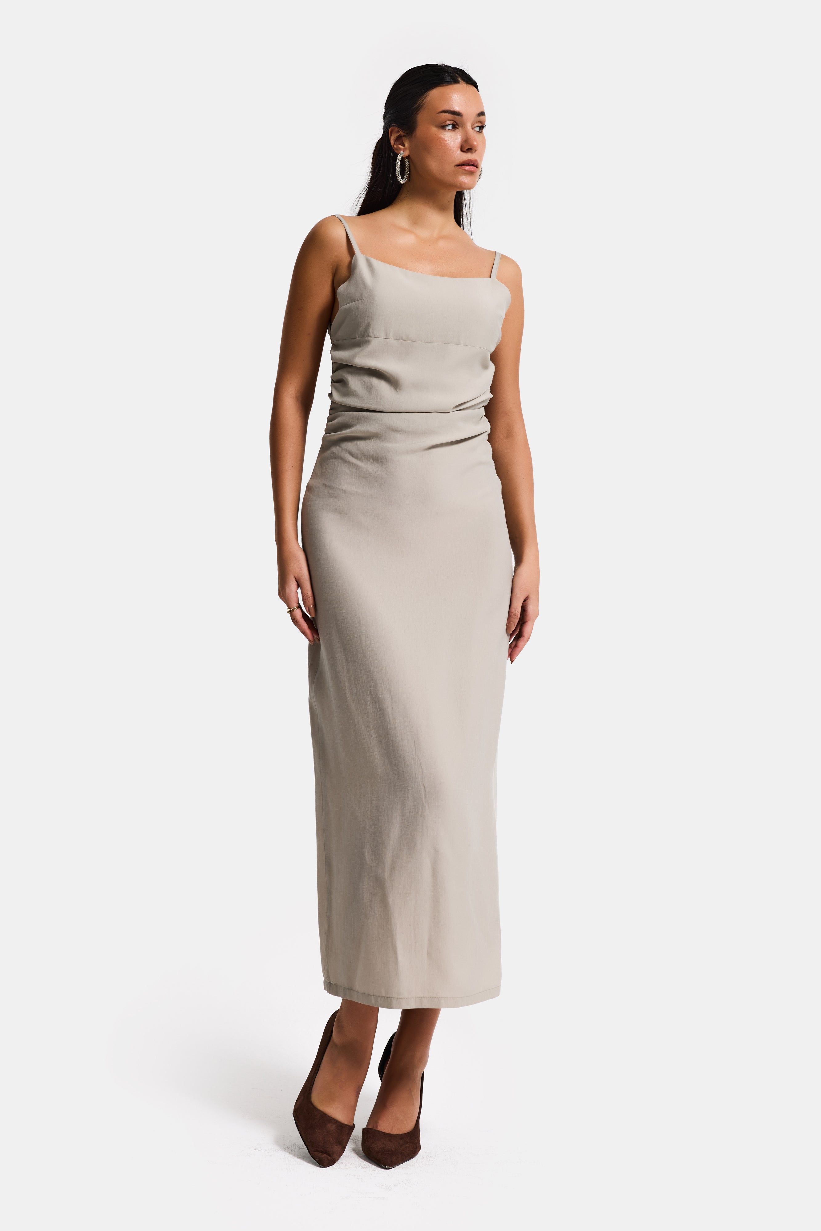 Kadın Taş Renk s6-106 Maxi Boy Askılı Yırtmaçlı Özel Kumaş Elbise