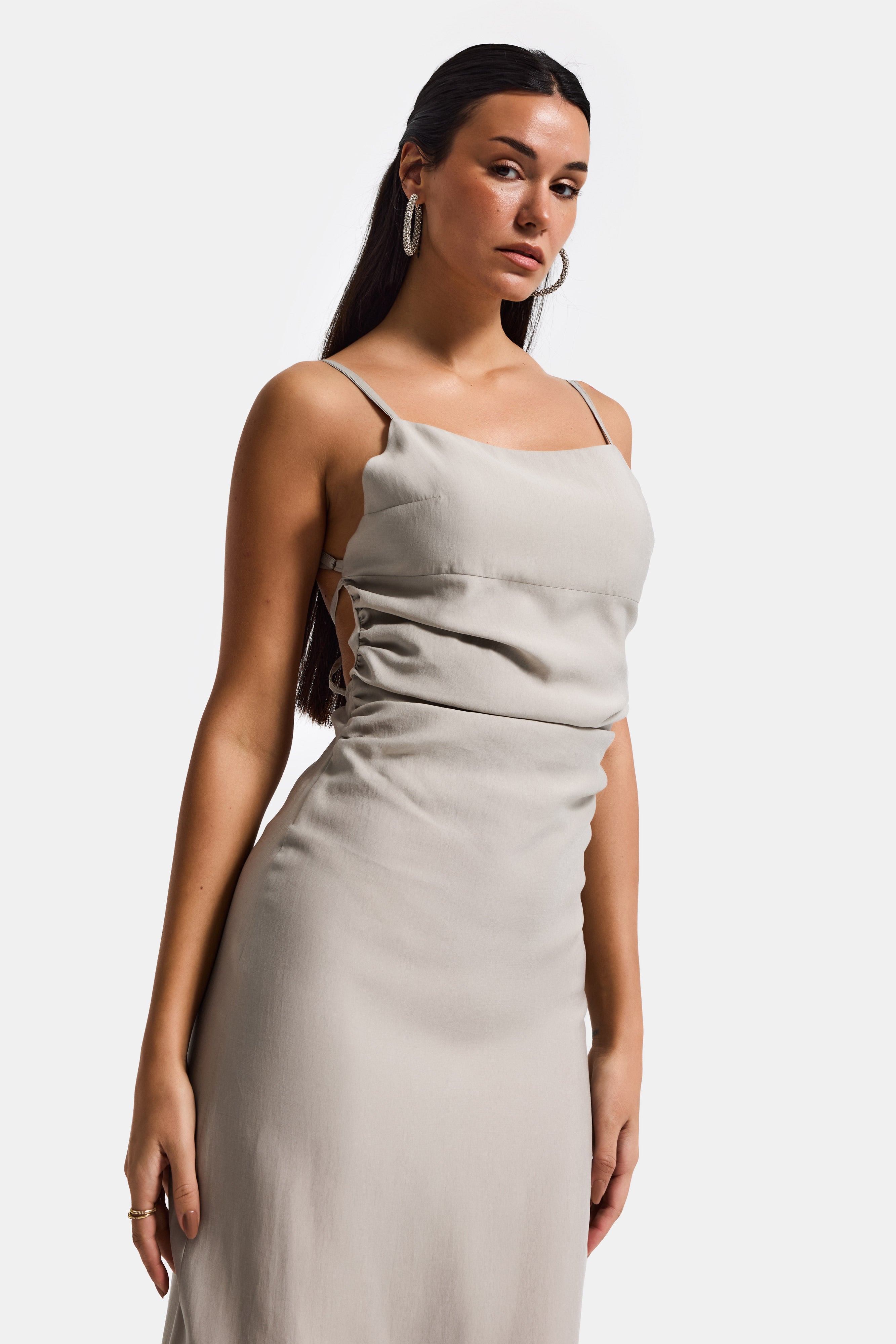 Kadın Taş Renk s6-106 Maxi Boy Askılı Yırtmaçlı Özel Kumaş Elbise