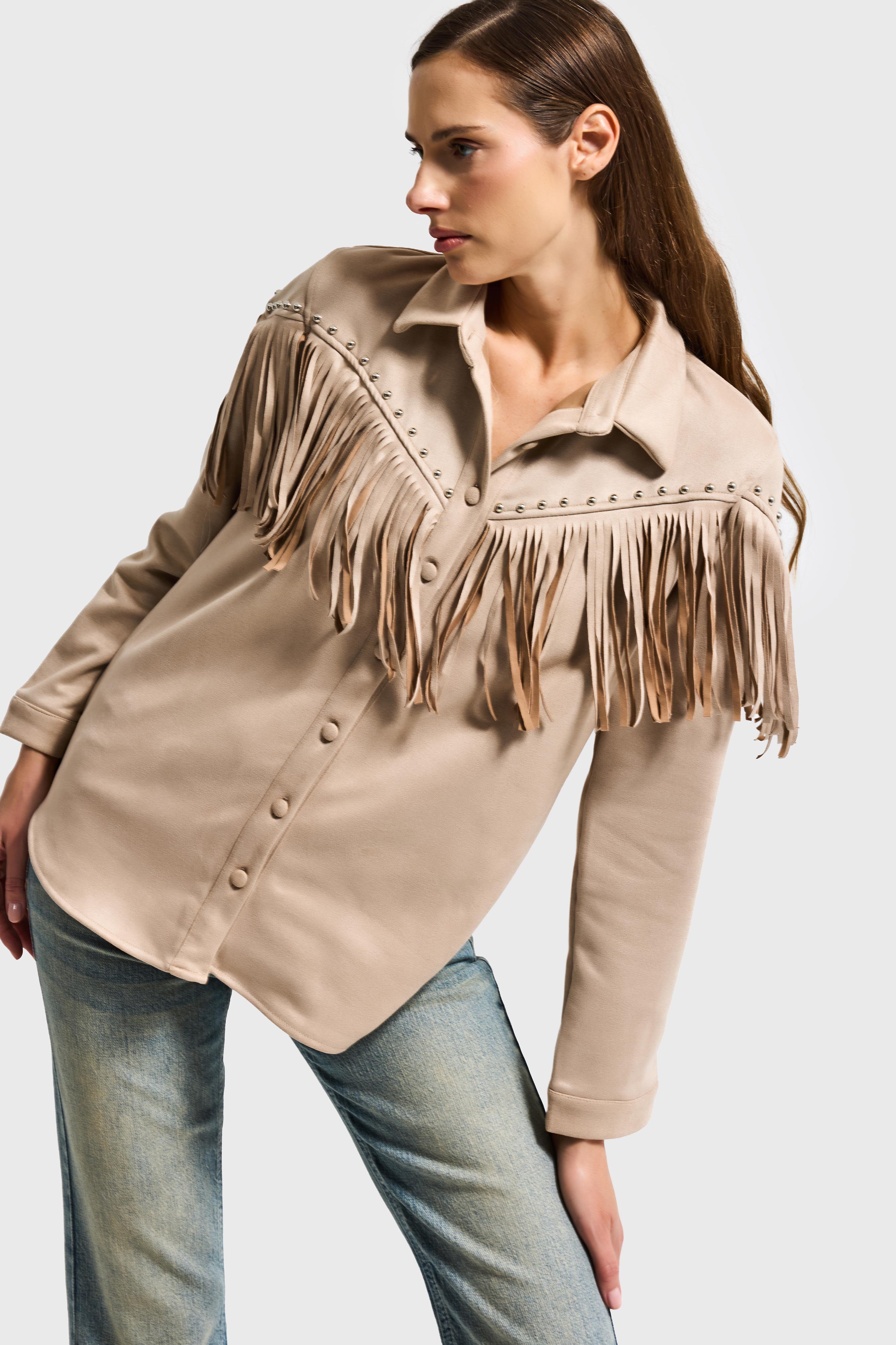 Kadın Taş Renk Süet Kumaş Püskül ve Drop Detaylı Tasarım Gömlek Ceket