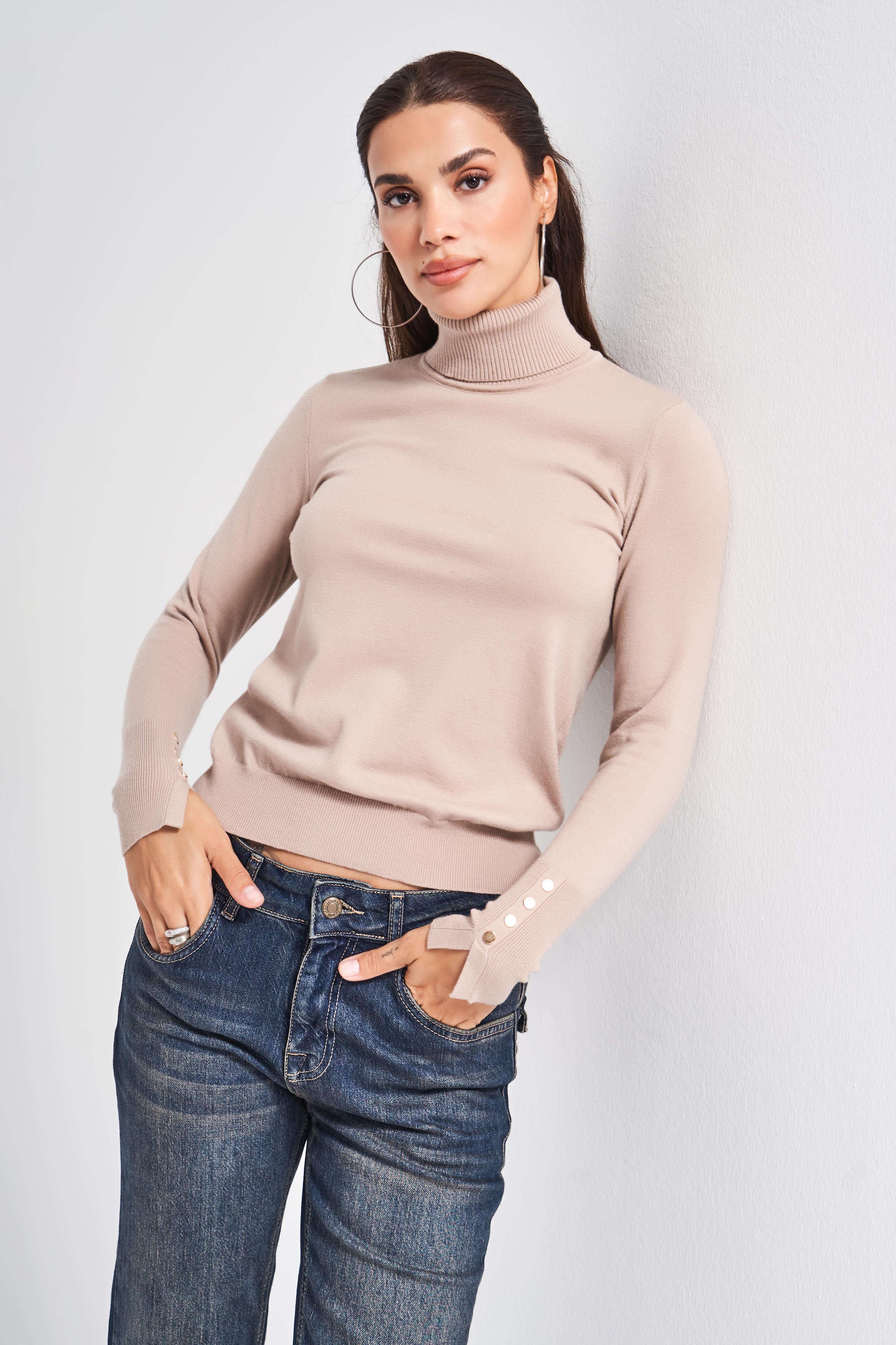 Kadın Taş Renk w5-57 Yumuşak İnce Triko Kumaş Balıkçı Yaka Triko Kazak