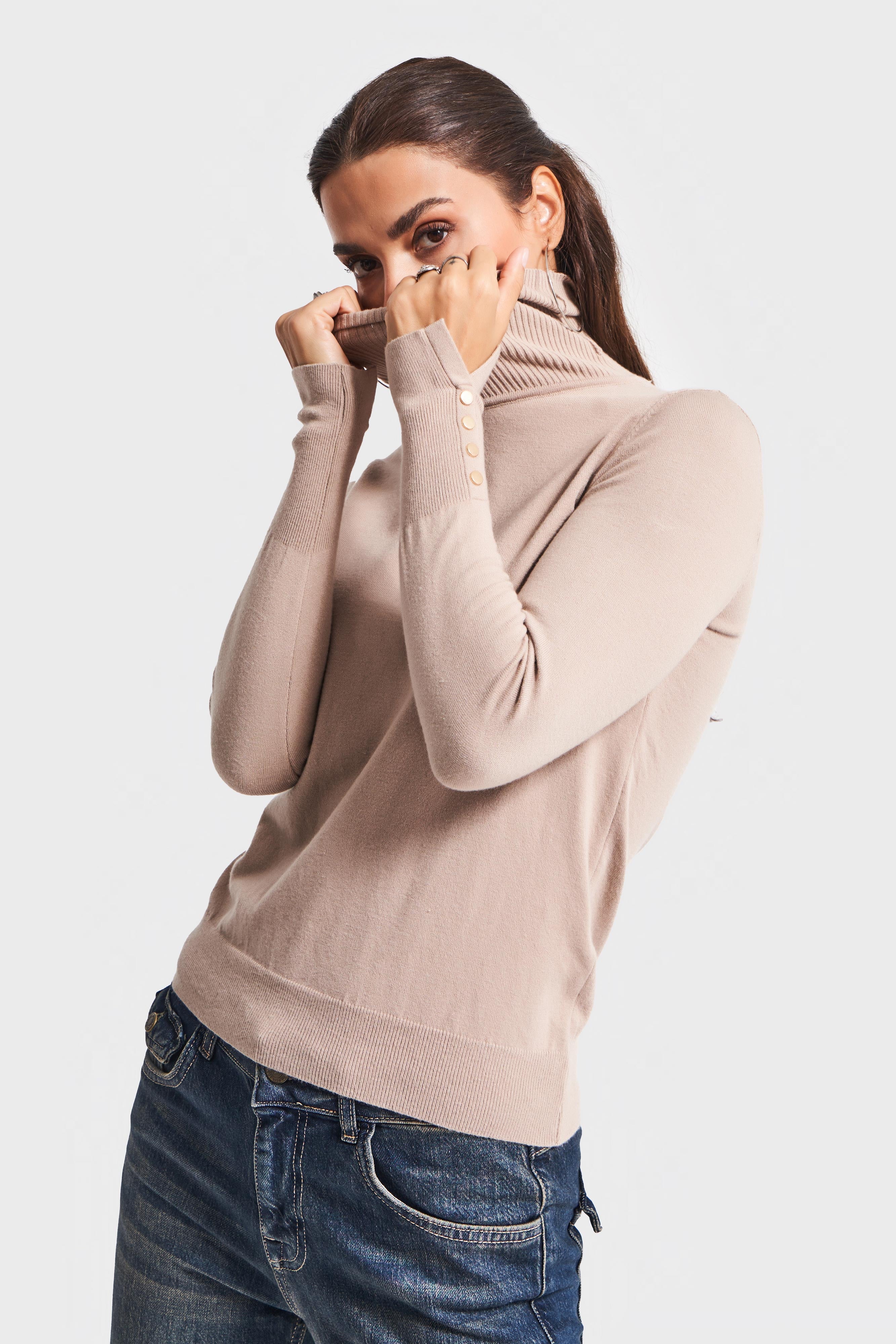 Women Stone Color w5-57 Soft Thin Knit Fabric Turtleneck Knitted Sweater