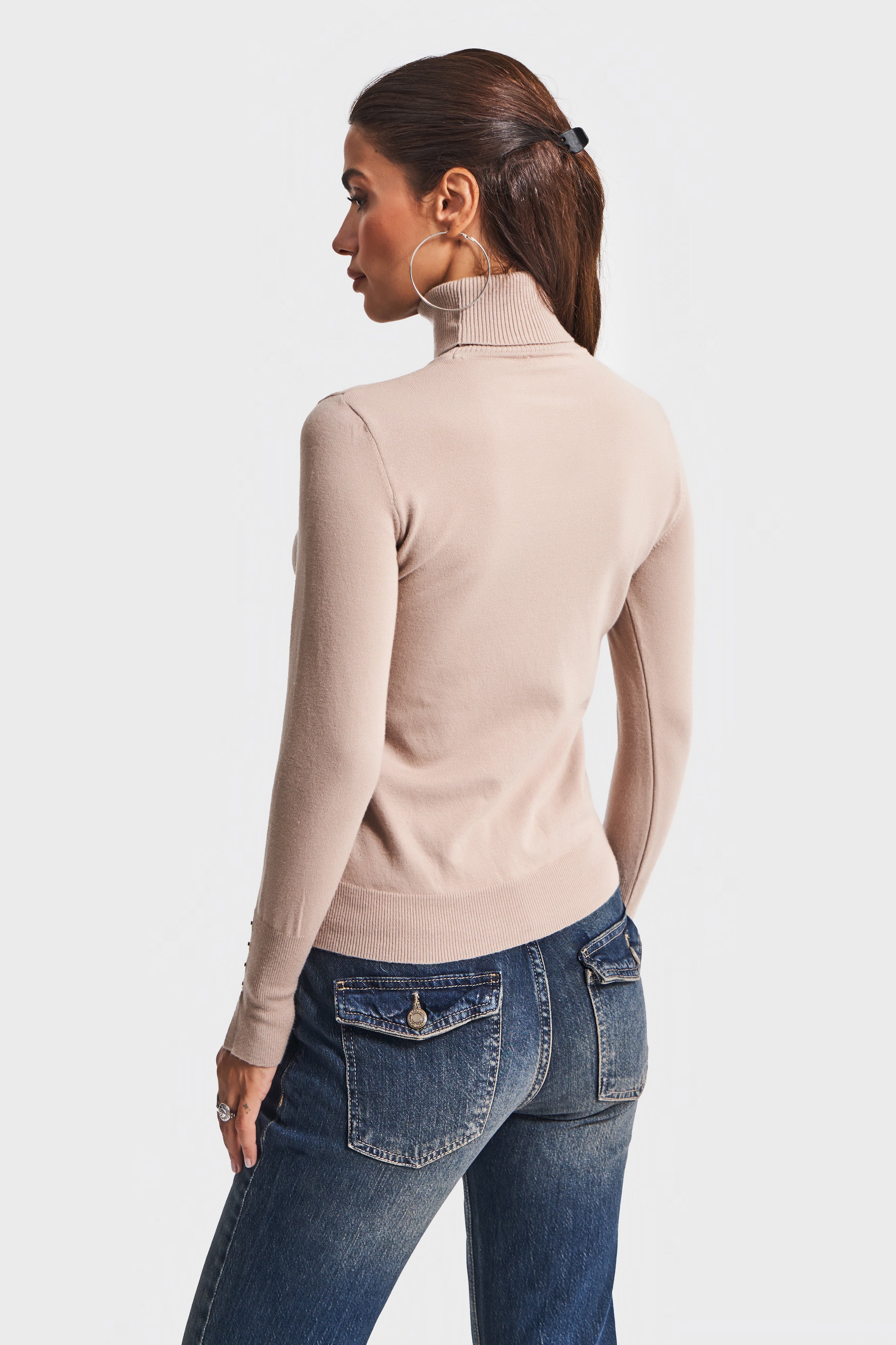 Women Stone Color w5-57 Soft Thin Knit Fabric Turtleneck Knitted Sweater