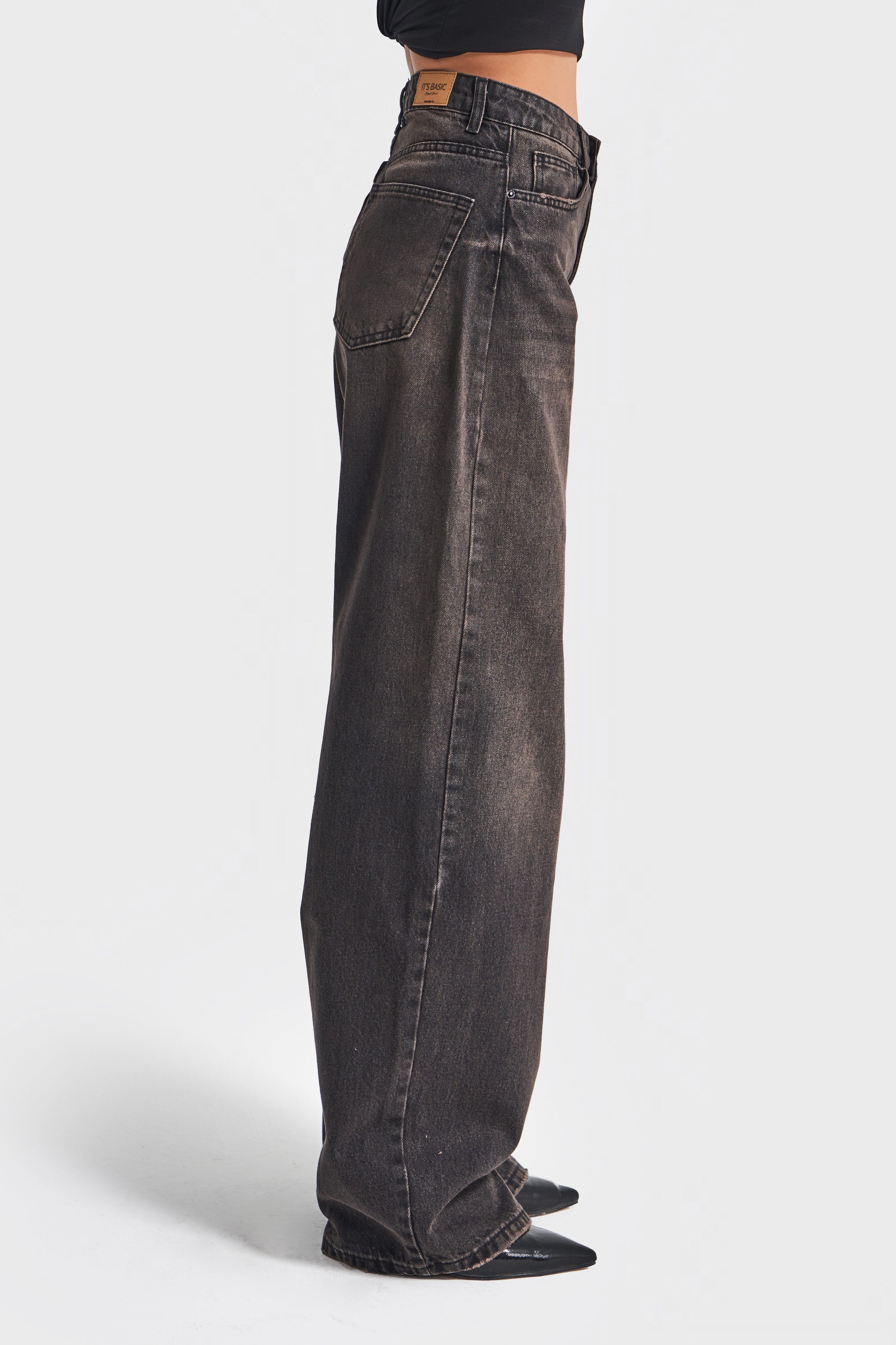 Kadın Taşlanmış Kahverengi 17w5-62 Süper Yüksek Bel Skater Fit Bol Kesim %100 Koton Denim Jean