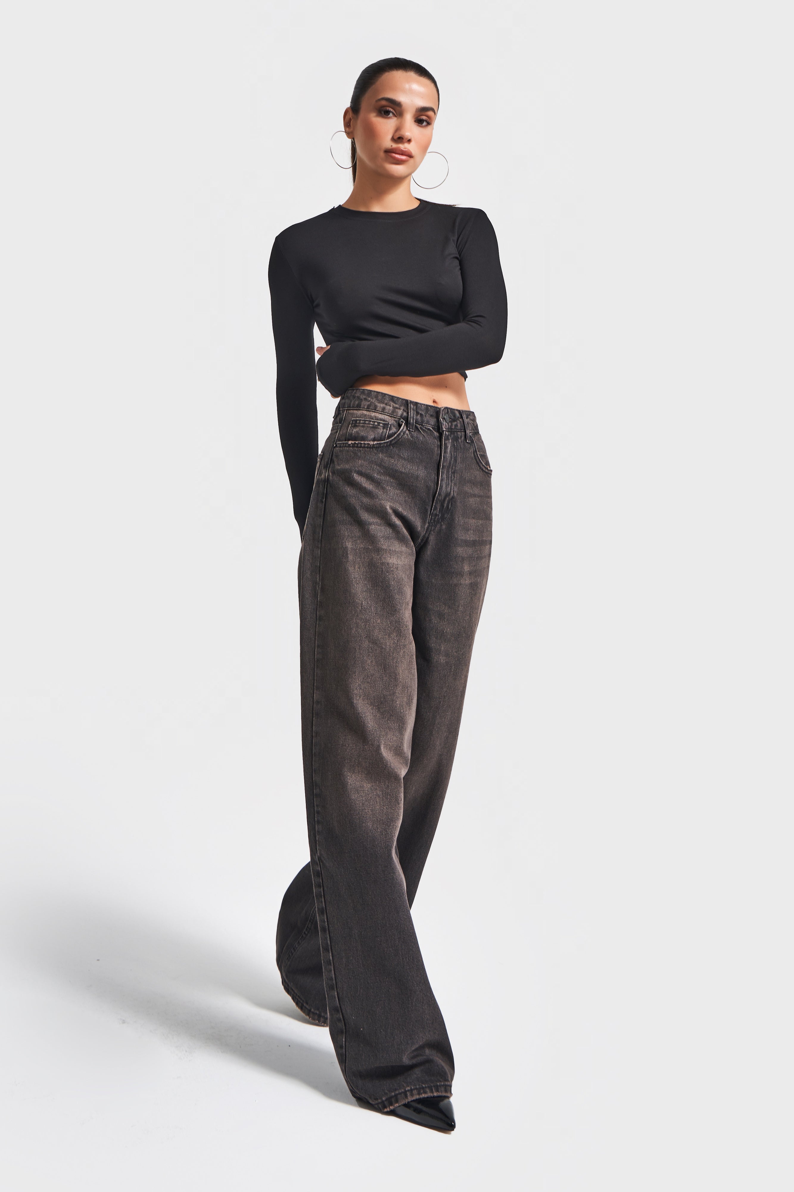 Kadın Taşlanmış Kahverengi 17w5-62 Süper Yüksek Bel Skater Fit Bol Kesim %100 Koton Denim Jean