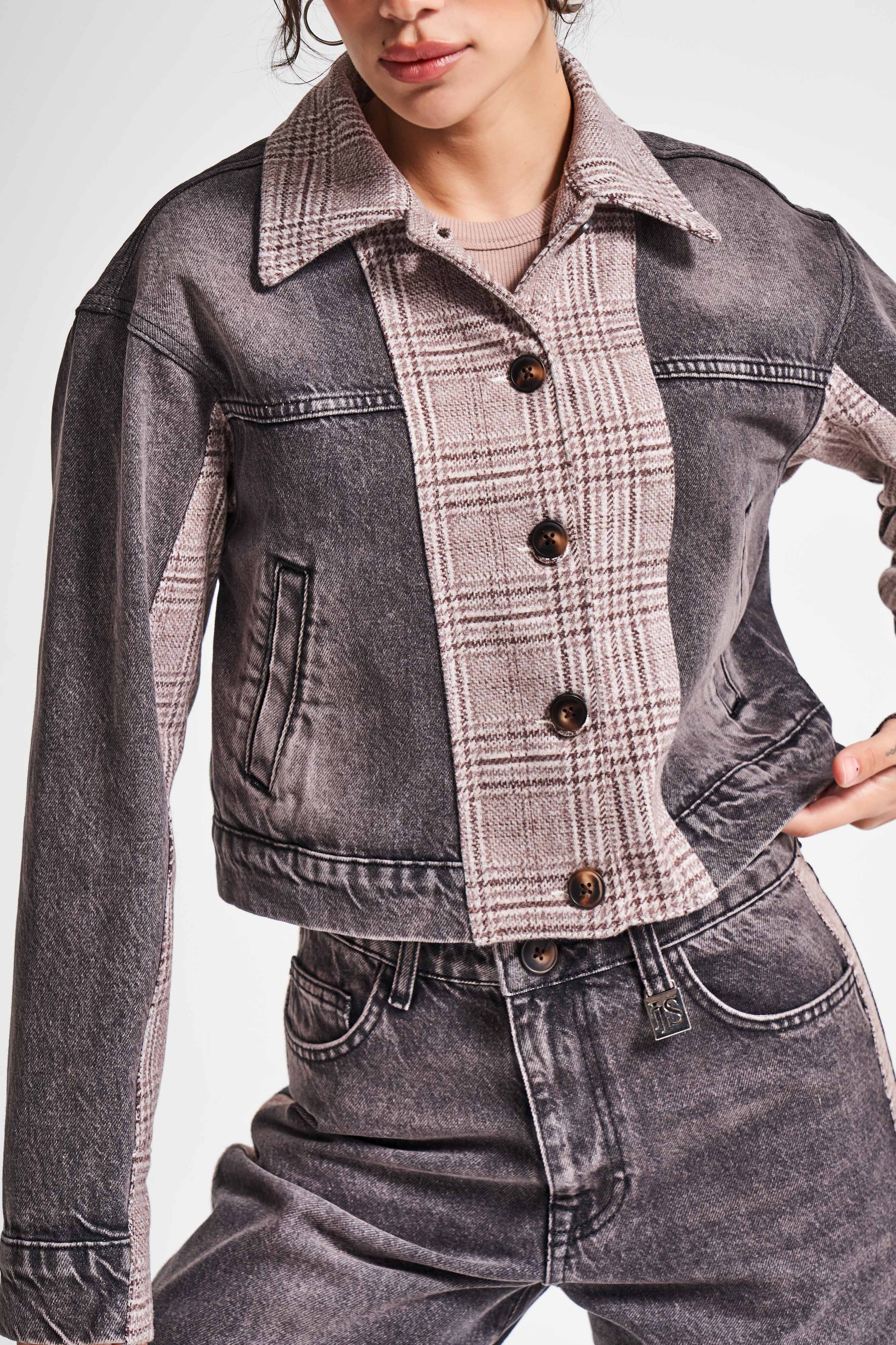 Kadın Taşlanmış Koyu Kot Rengi 4w5-143 Çift Parça Kumaş Önden Düğmeli Özel Tasarım Denim Ceket