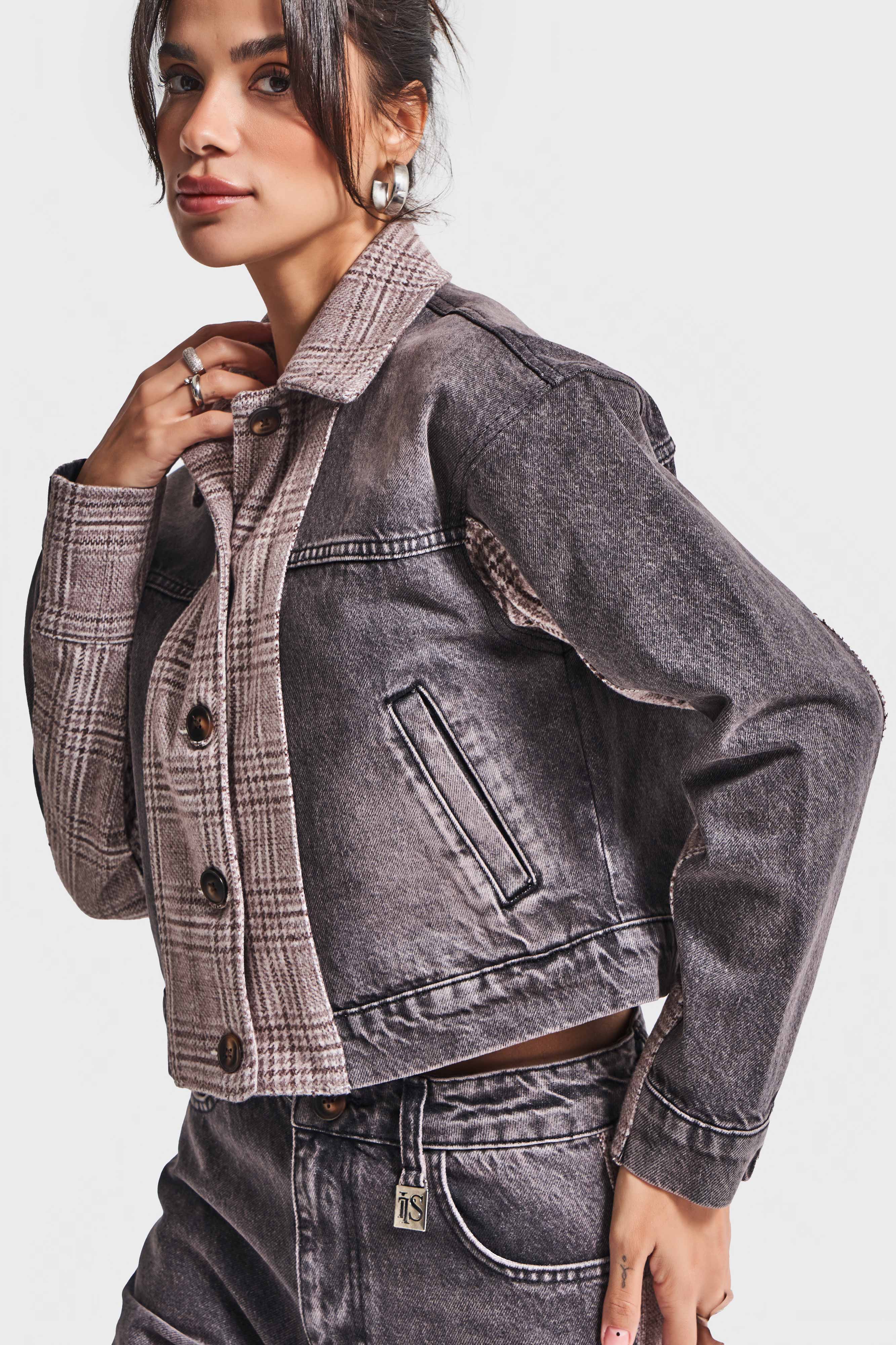 Kadın Taşlanmış Koyu Kot Rengi 4w5-143 Çift Parça Kumaş Önden Düğmeli Özel Tasarım Denim Ceket