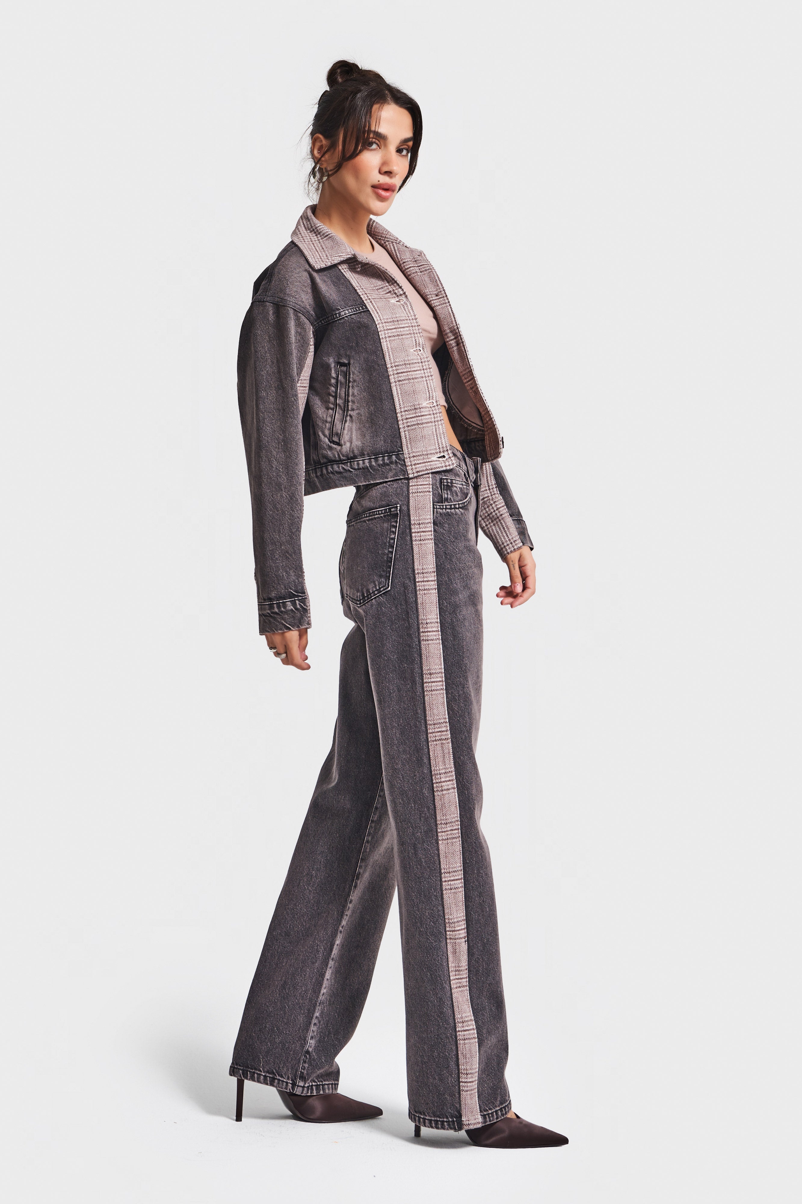 Kadın Taşlanmış Koyu Kot Rengi 4w5-143 Loose Fit Şerit Detaylı Özel Tasarım Denim Jean