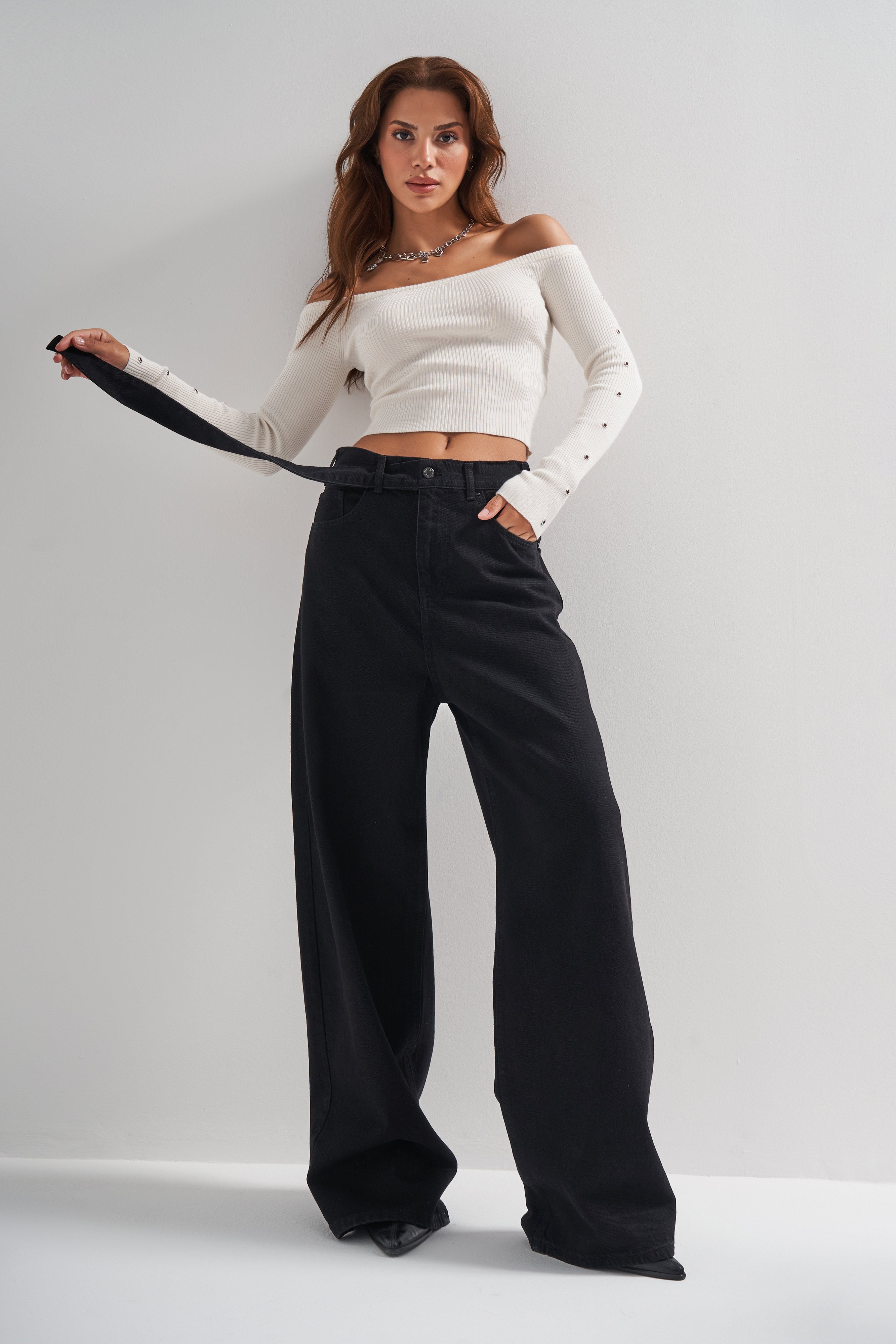 Women's Stonewashed Black Color Super Baggy Fit Long Belted Denim