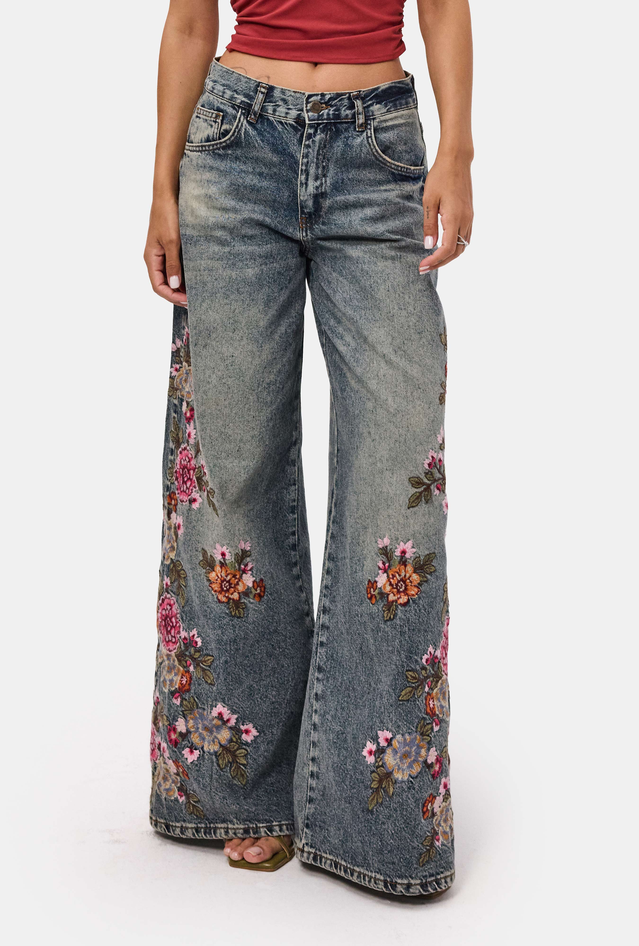 Kadın Tint 4w6-8 Palazzo Fit Özel Çiçek Nakış Tasarım Denim Jean