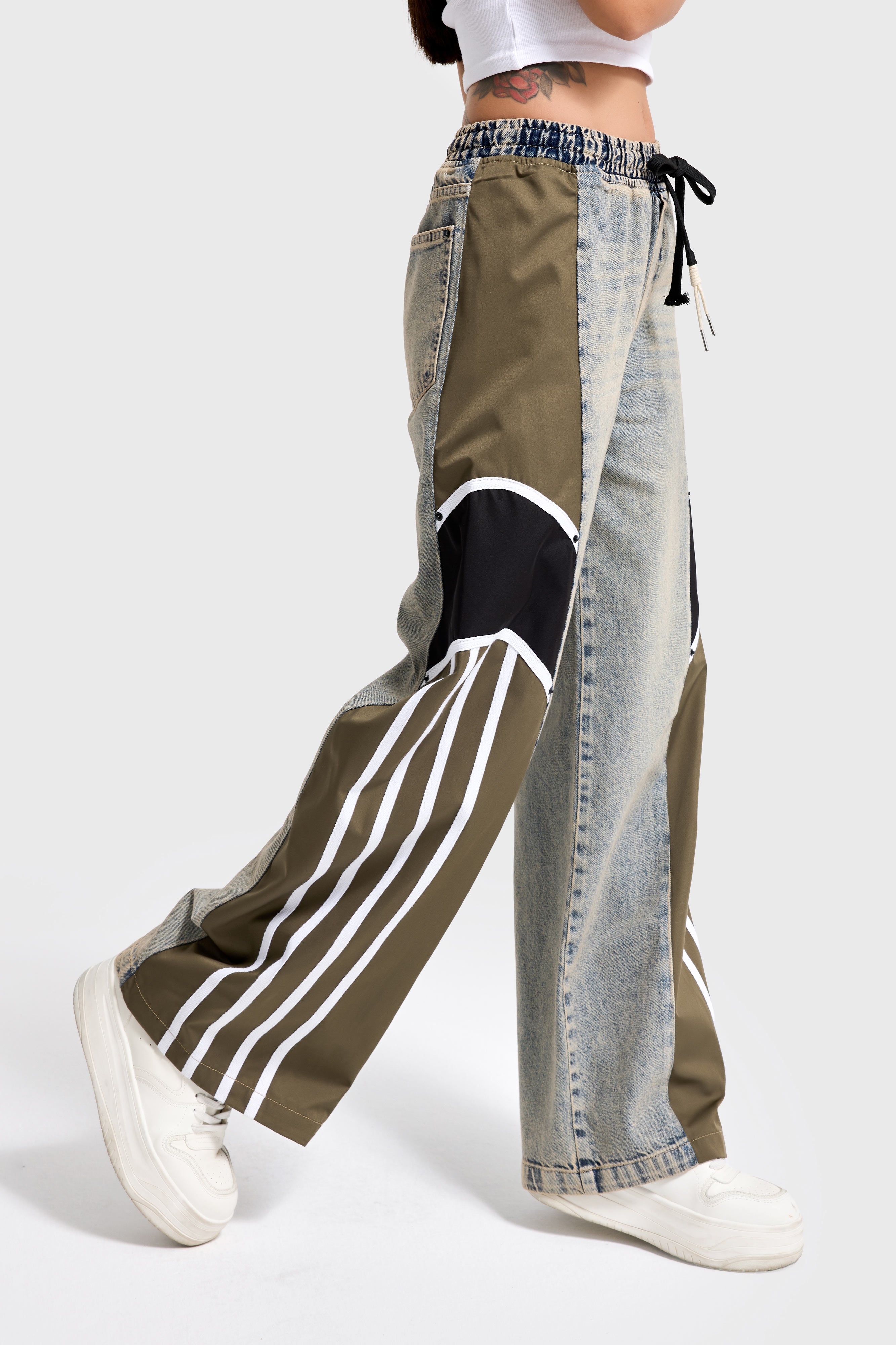 Kadın Tint Haki Renk 4w5-32 Baggy Fit Şerit Detaylı Özel Tasarım Denim Jean