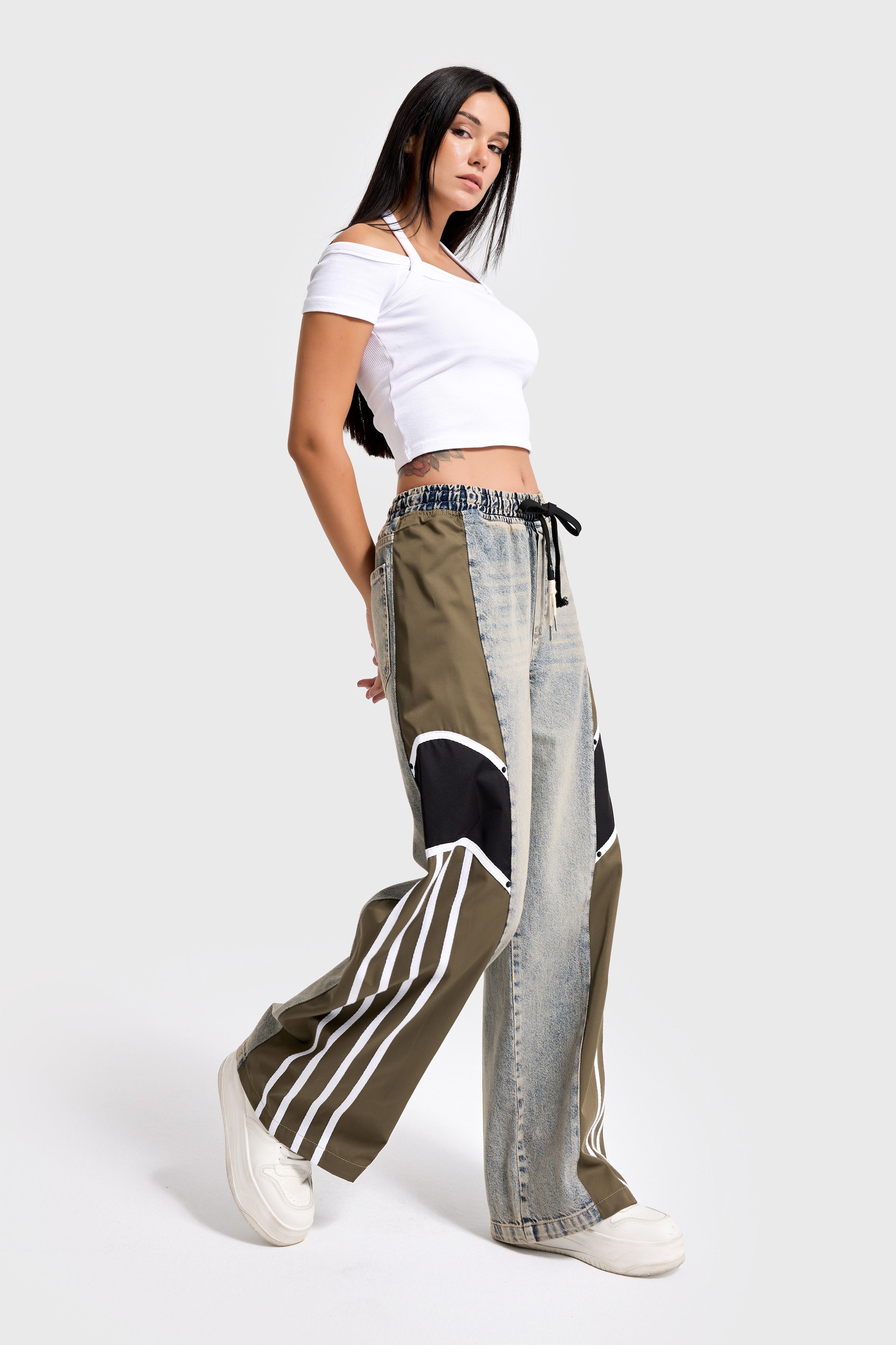 Kadın Tint Haki Renk 4w5-32 Baggy Fit Şerit Detaylı Özel Tasarım Denim Jean