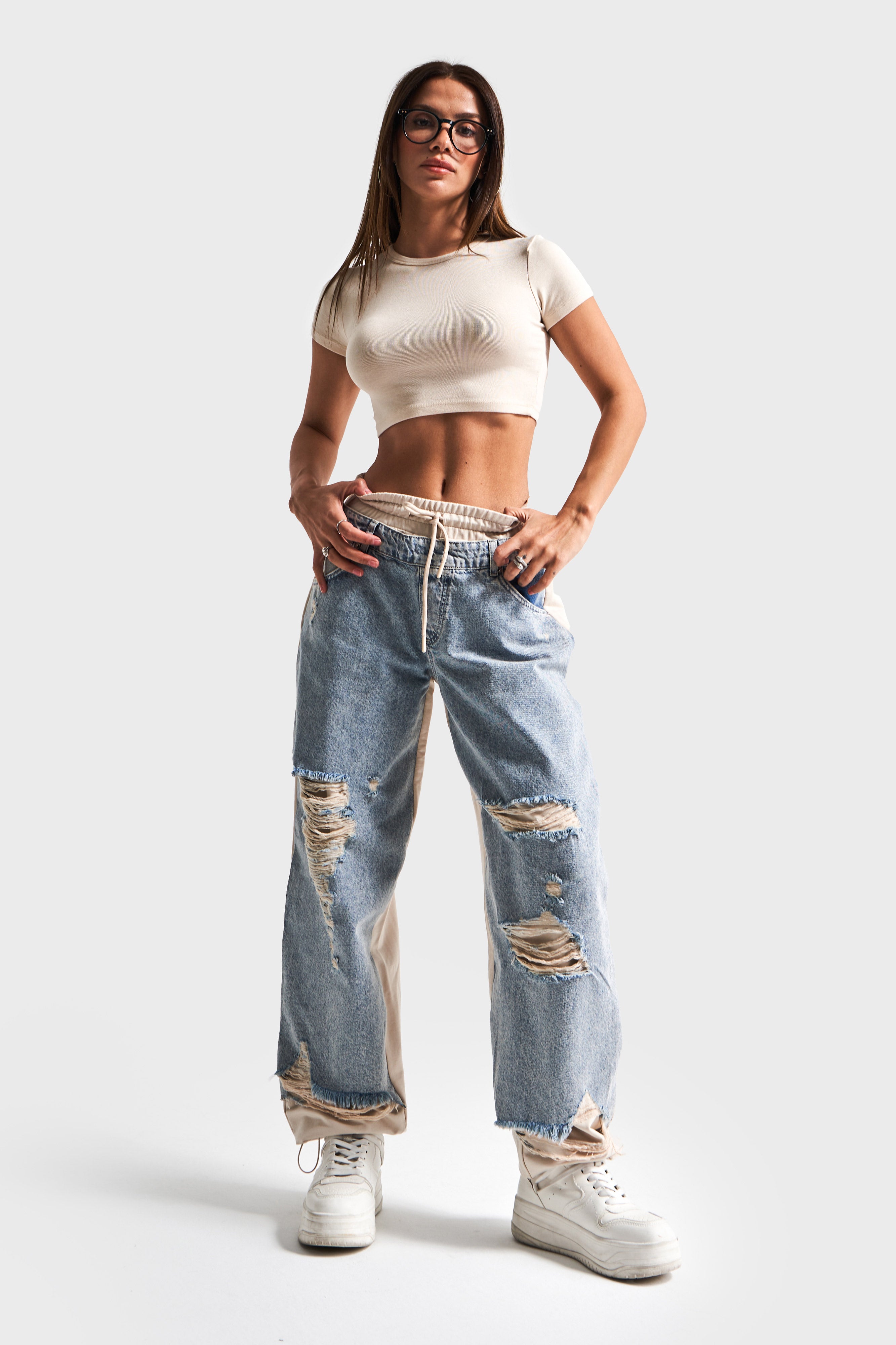 Kadın Tint Kot Rengi Lazer Detaylı Skater Jogger Fit Denim