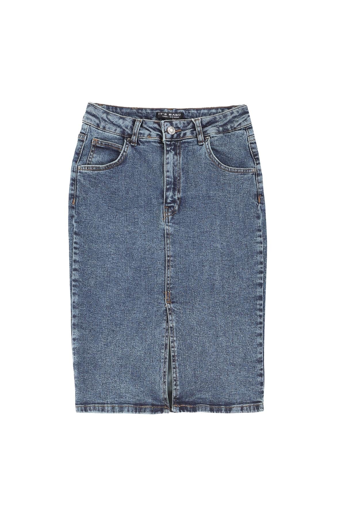 Women's Tint Denim Color Midi Length High Waist Slit Jean Skirt