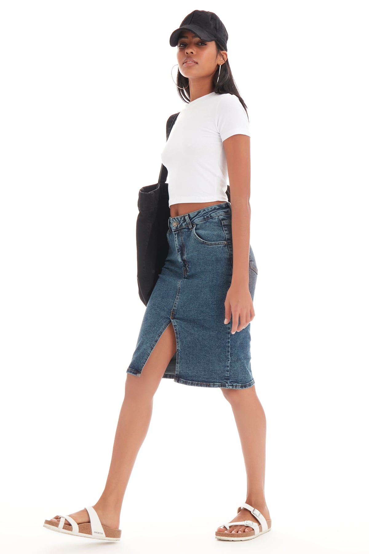 Women's Tint Denim Color Midi Length High Waist Slit Jean Skirt