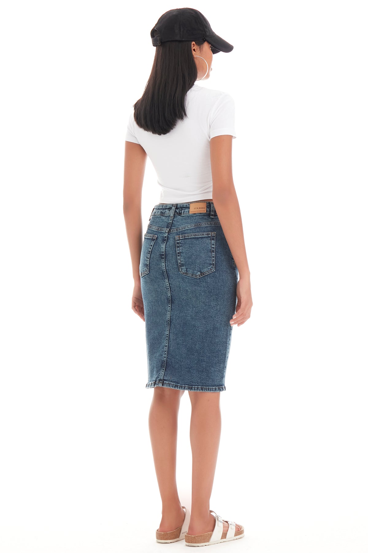 Women's Tint Denim Color Midi Length High Waist Slit Jean Skirt