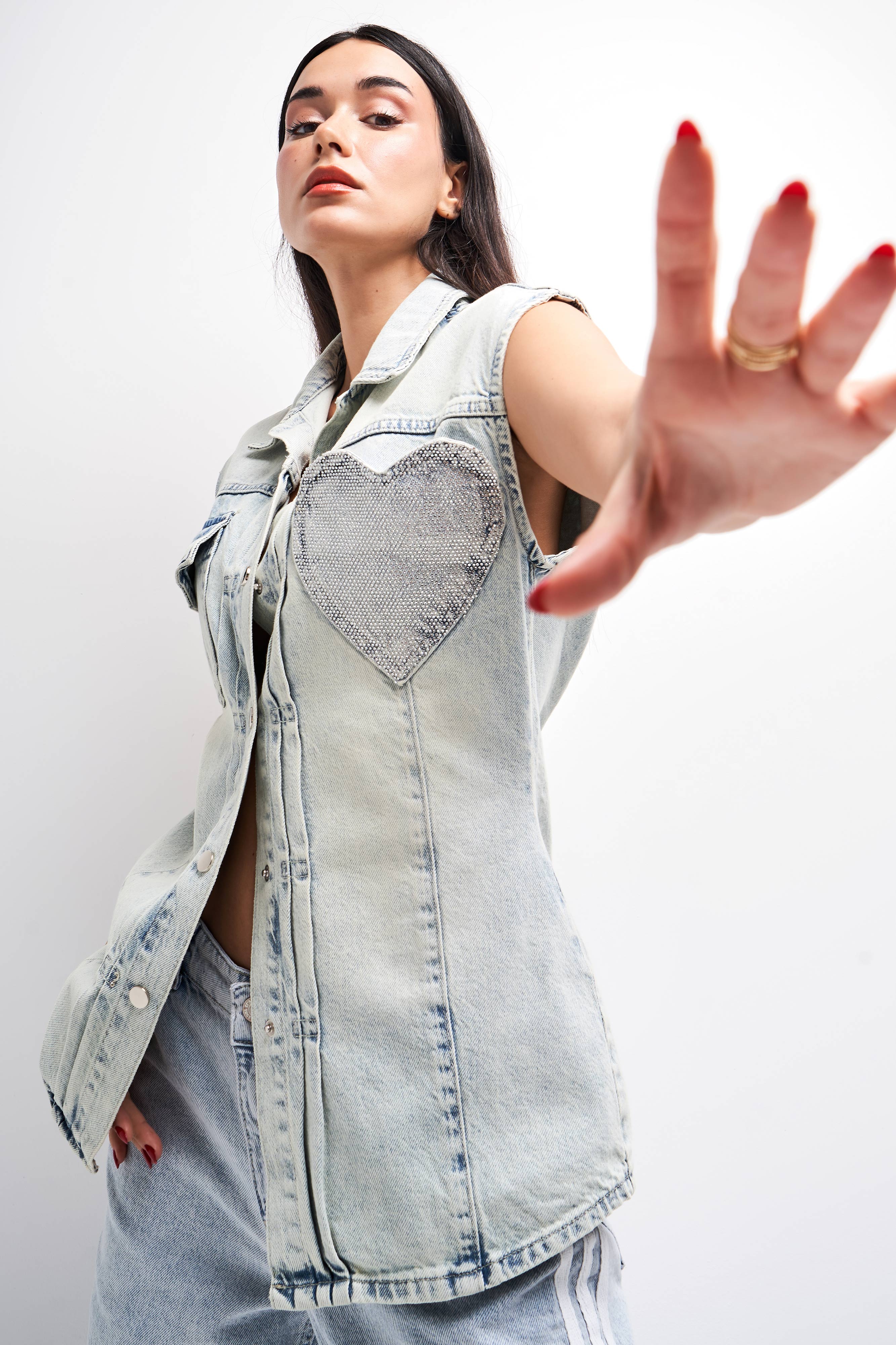 Women's Tint Denim Color Shiny Stone Pocket Detailed Long Denim Vest