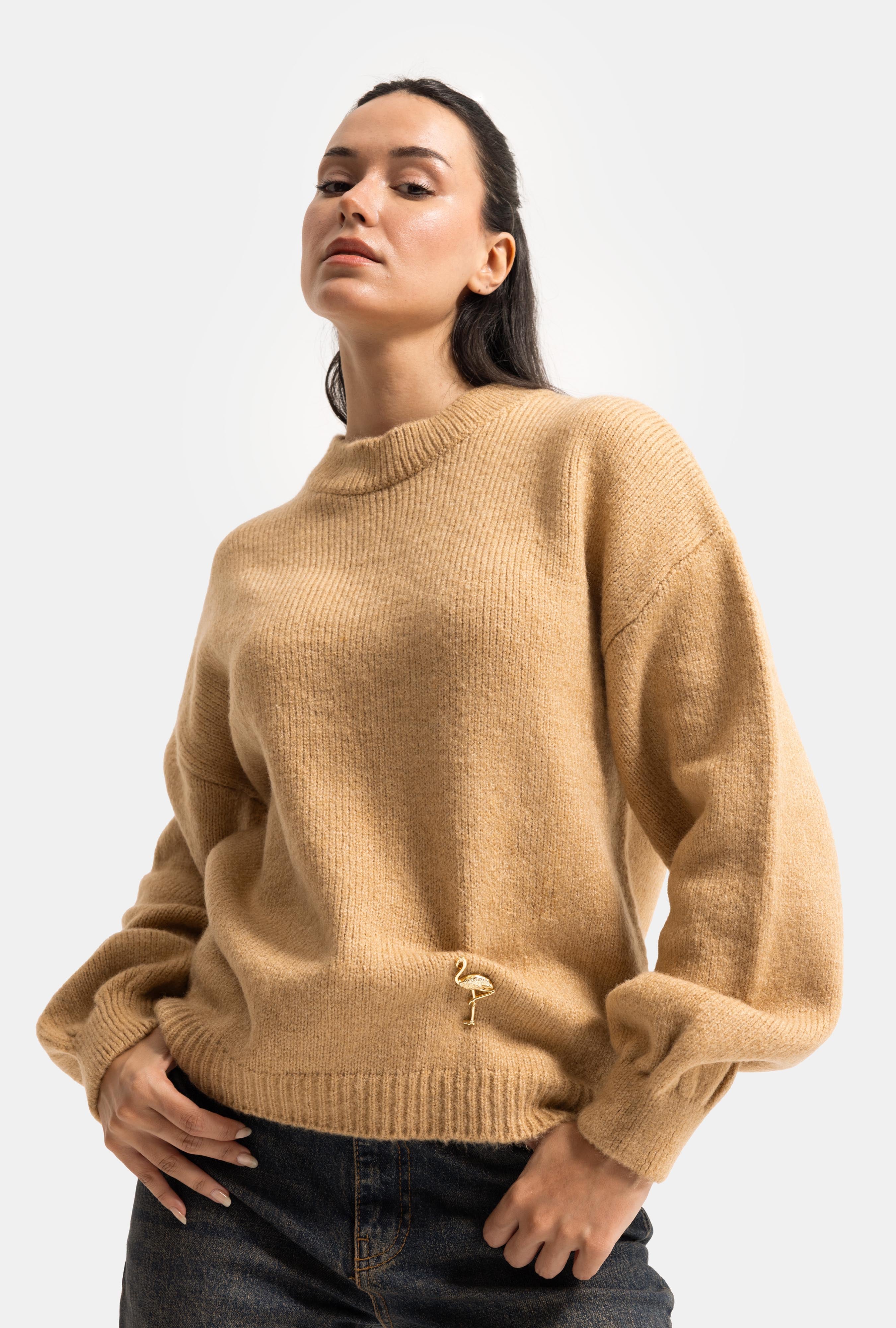 Kadın Vizon w6-111 Oversize Aksesuar Detaylı Tasarım Triko Kazak
