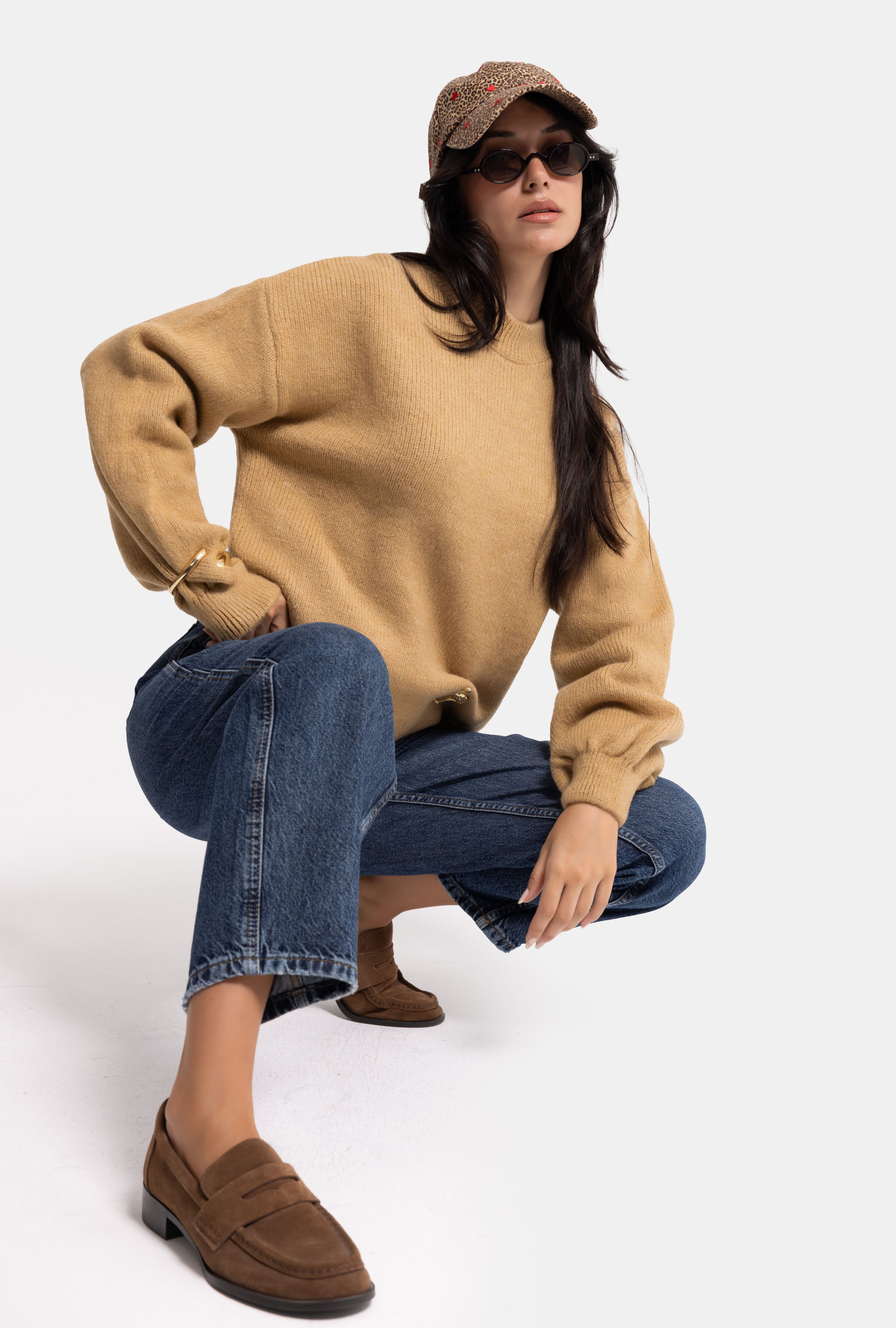 Kadın Vizon w6-111 Oversize Aksesuar Detaylı Tasarım Triko Kazak