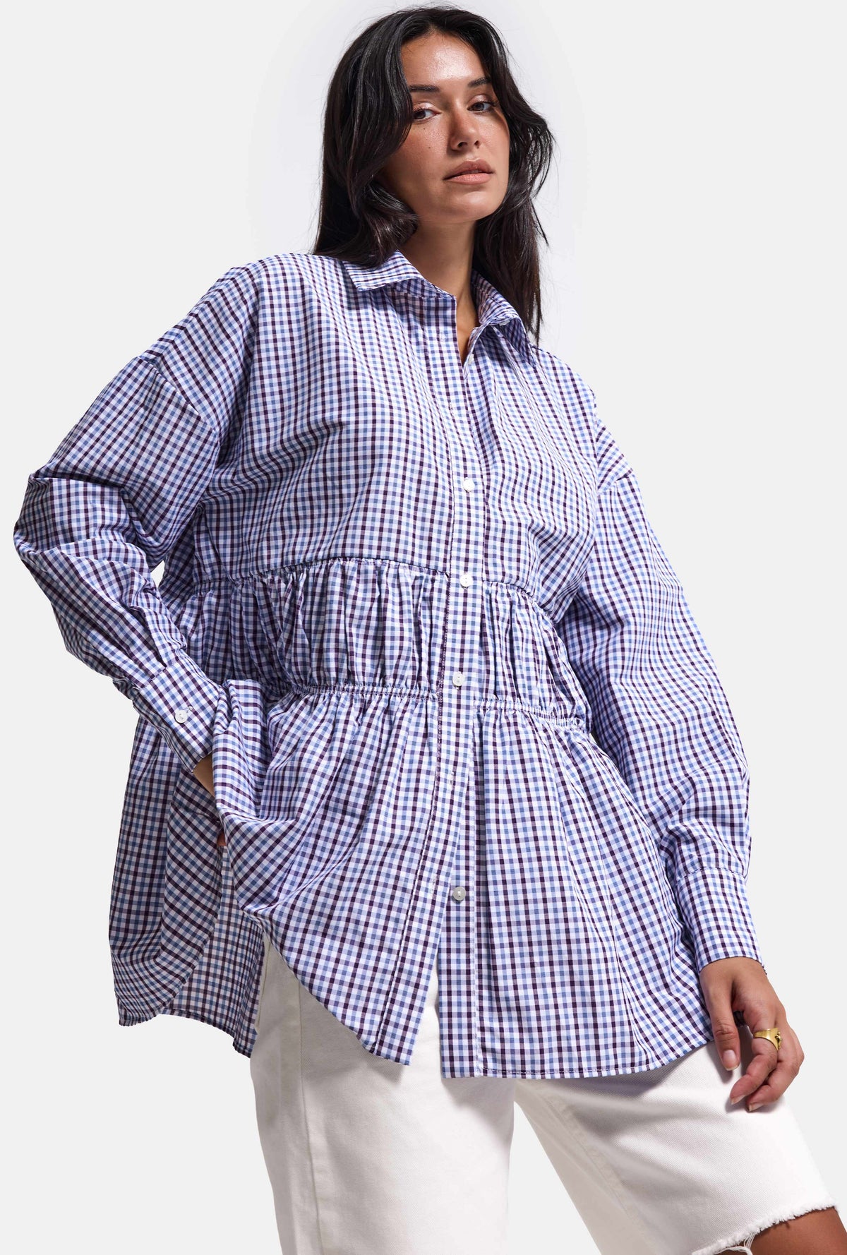 Kadın w6-111 Oversize Bordo Laci Ekose Tasarım Gömlek