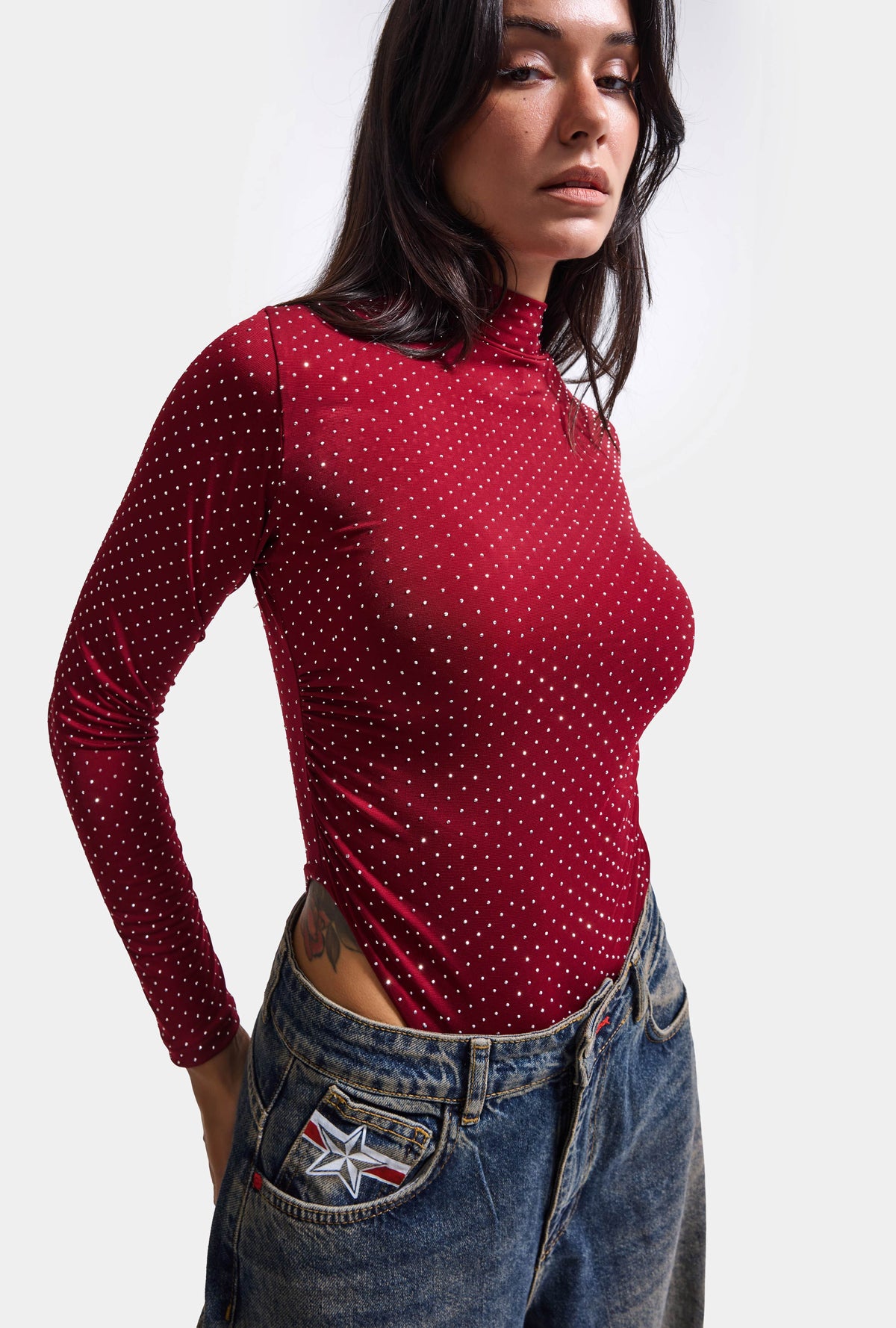 Kadın w6-35 Snap Body Suit Parlak Taşlı Tasarım Body