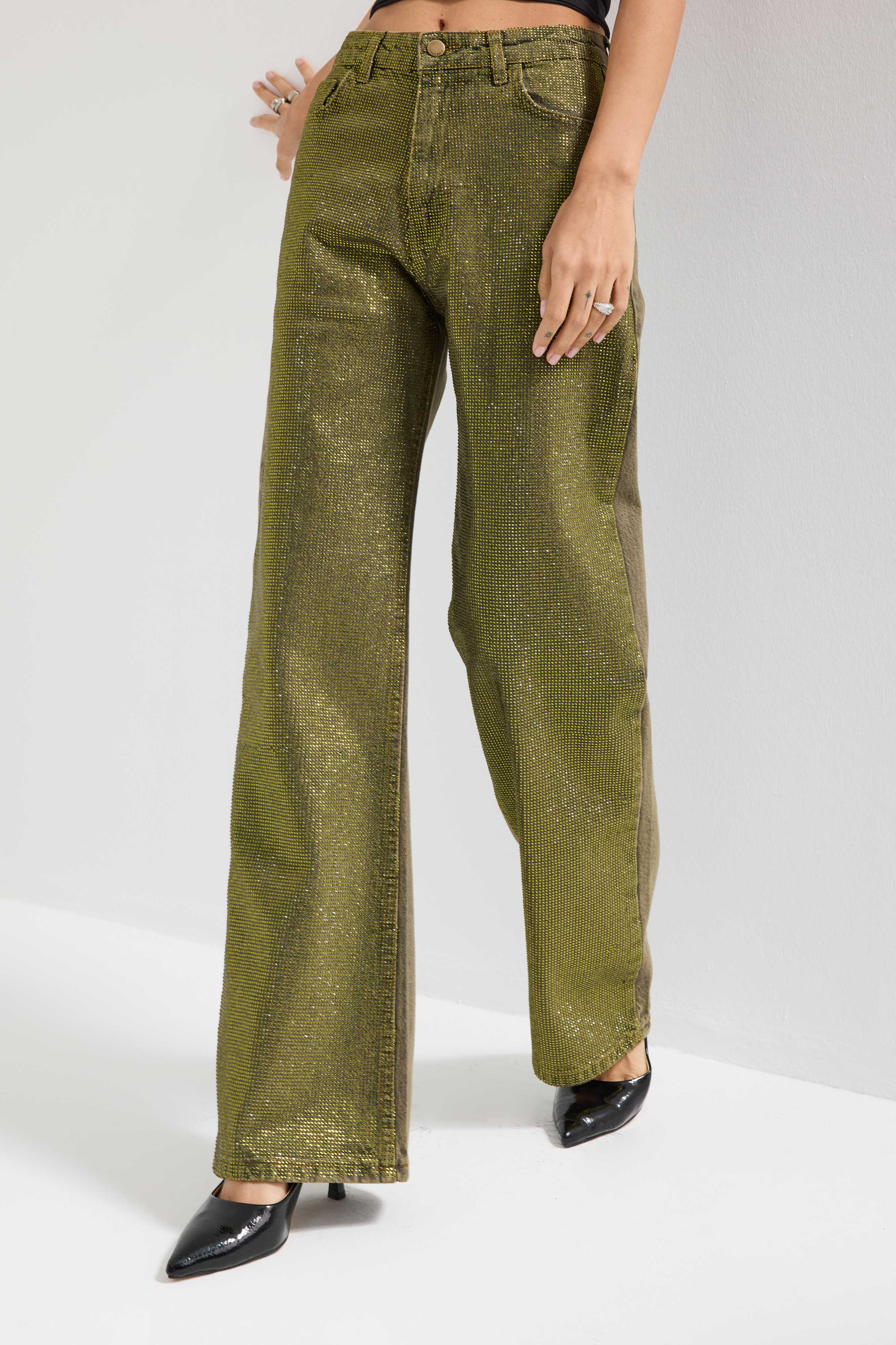 Kadın Yeşil T-3w5-141 Straight Fit Ful Parlak Taşlı Özel Tasarım Denim Jean