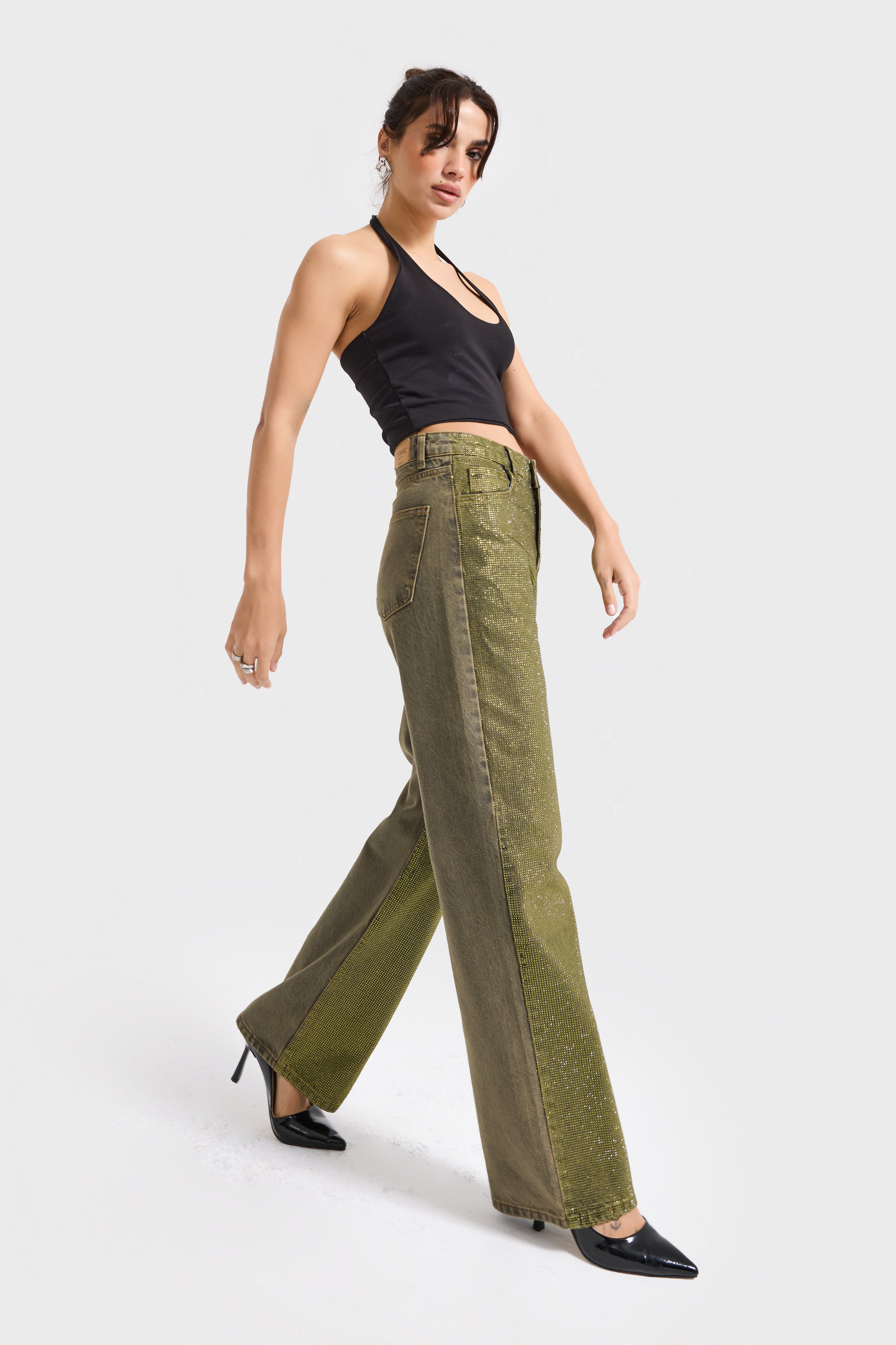 Kadın Yeşil T-3w5-141 Straight Fit Ful Parlak Taşlı Özel Tasarım Denim Jean