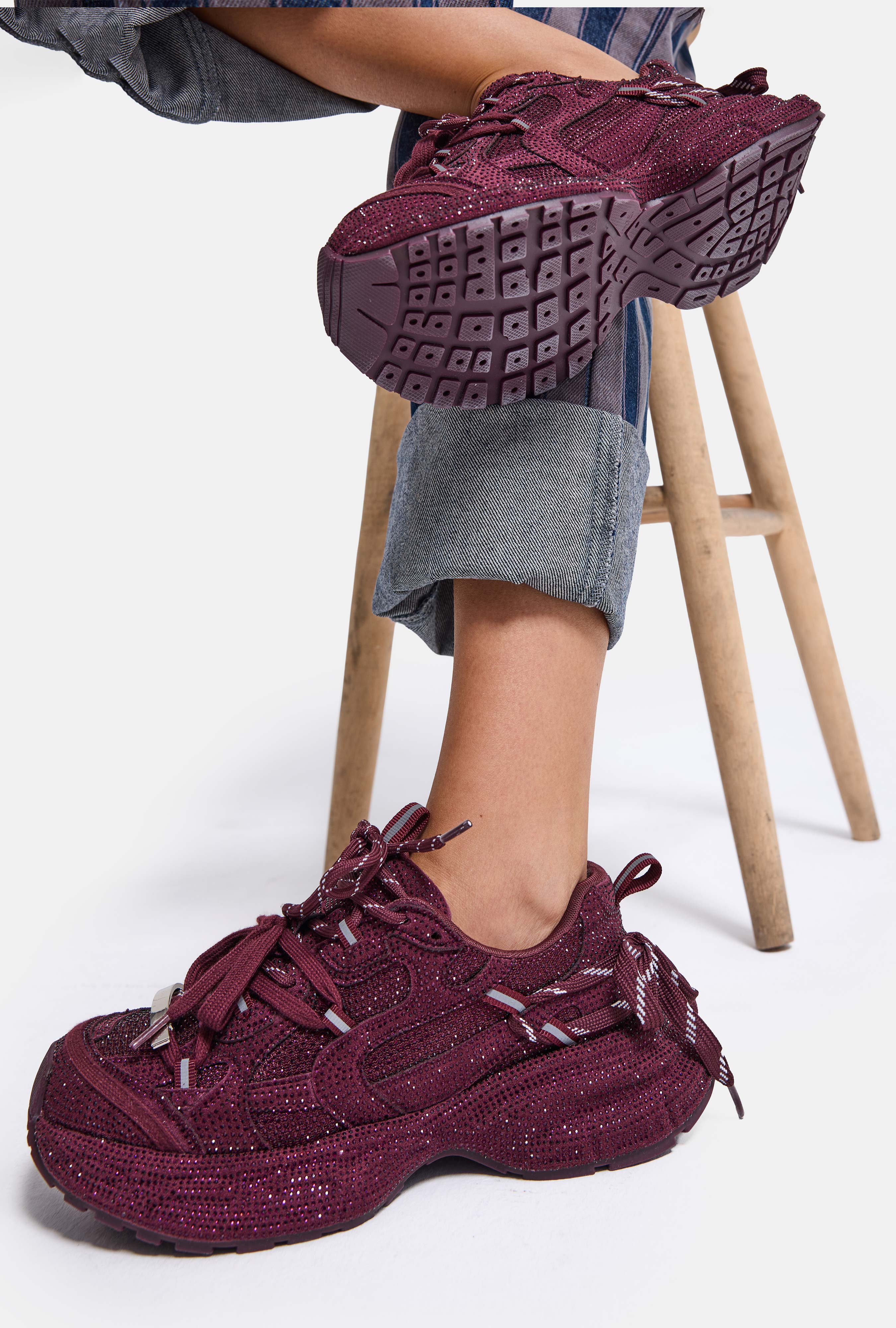 Kadın Bordo T11 İthal Işıltılı Taş Kaplama Özel Tasarım Sneaker Ayakkabı