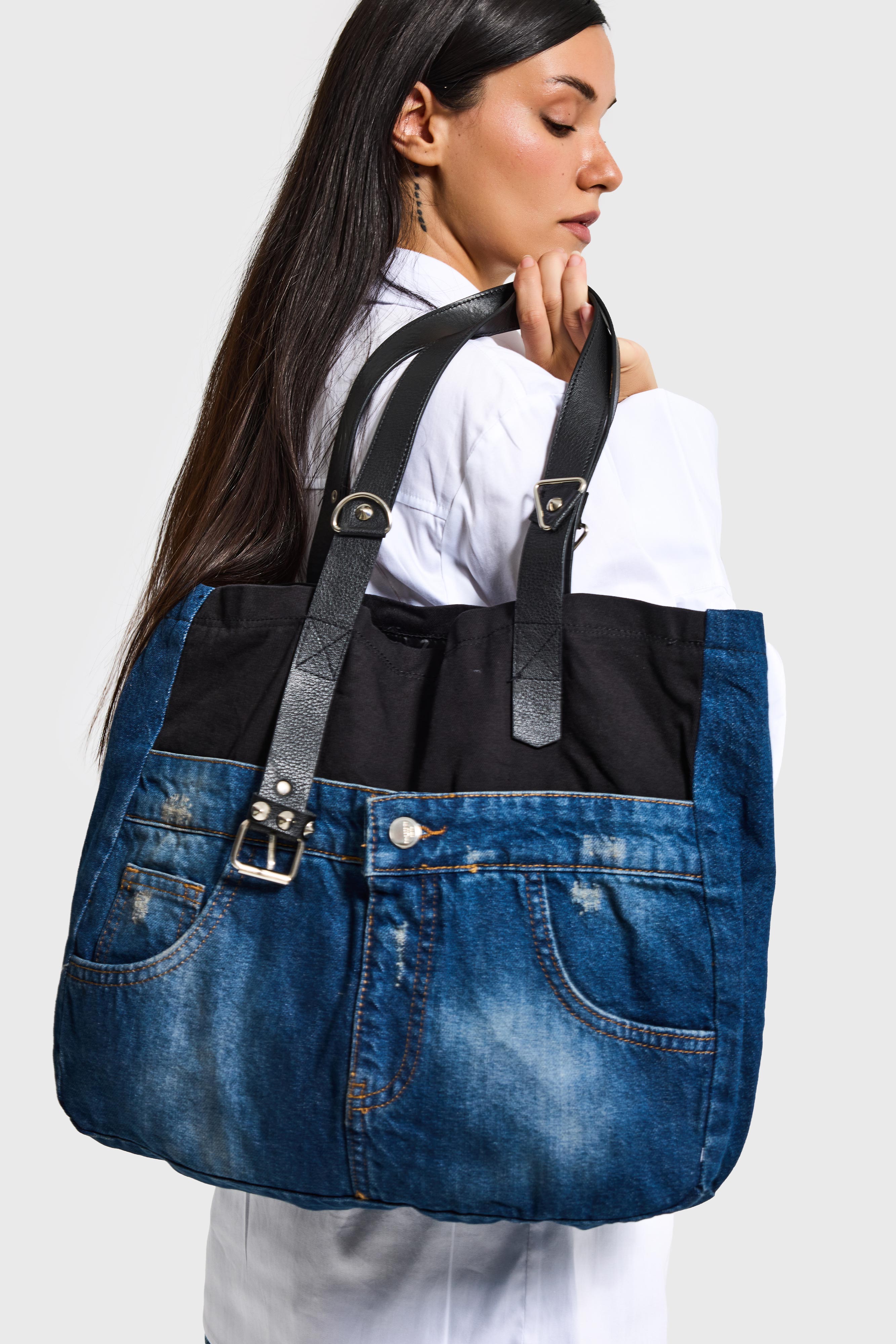 Kot Rengi Deri Askılı Özel Tasarım Denim Çanta