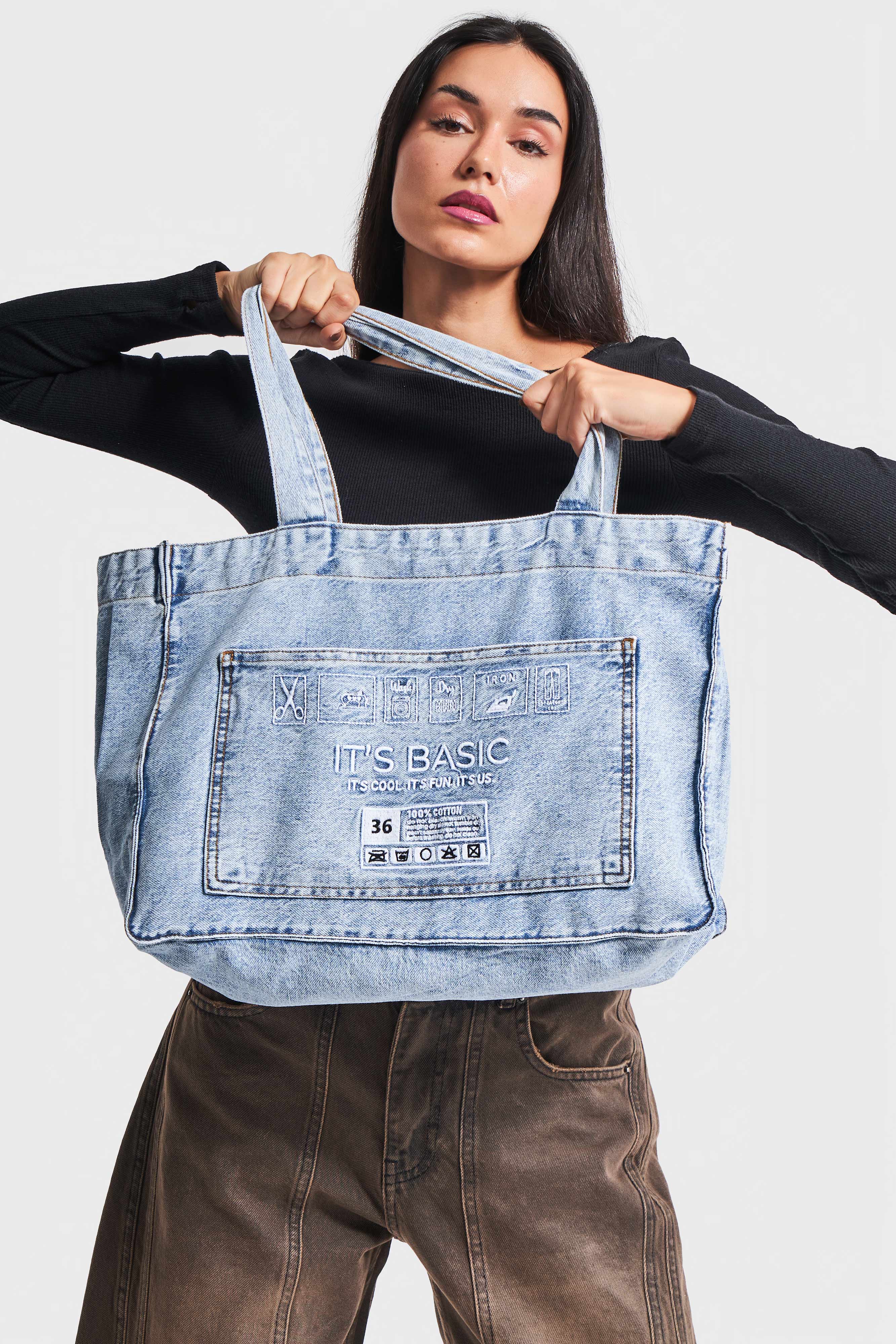 Denim Color E3W427 White IT'S BASIC Embroidered Gusseted Pocket Denim Bag