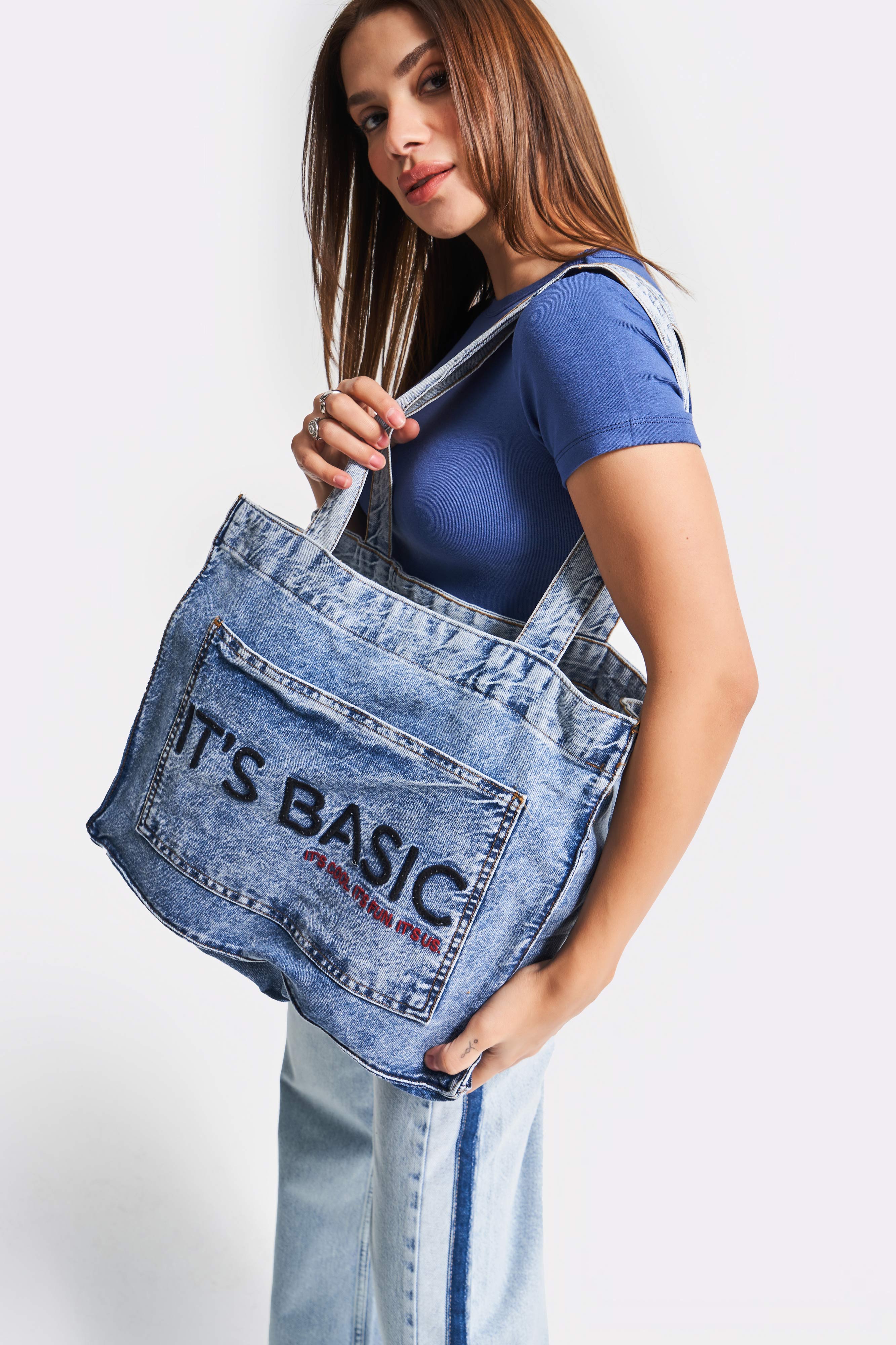 Koyu Mavi Renk S3w427 Bordo IT'S BASIC Nakışlı Körüklü Cepli Denim Çanta