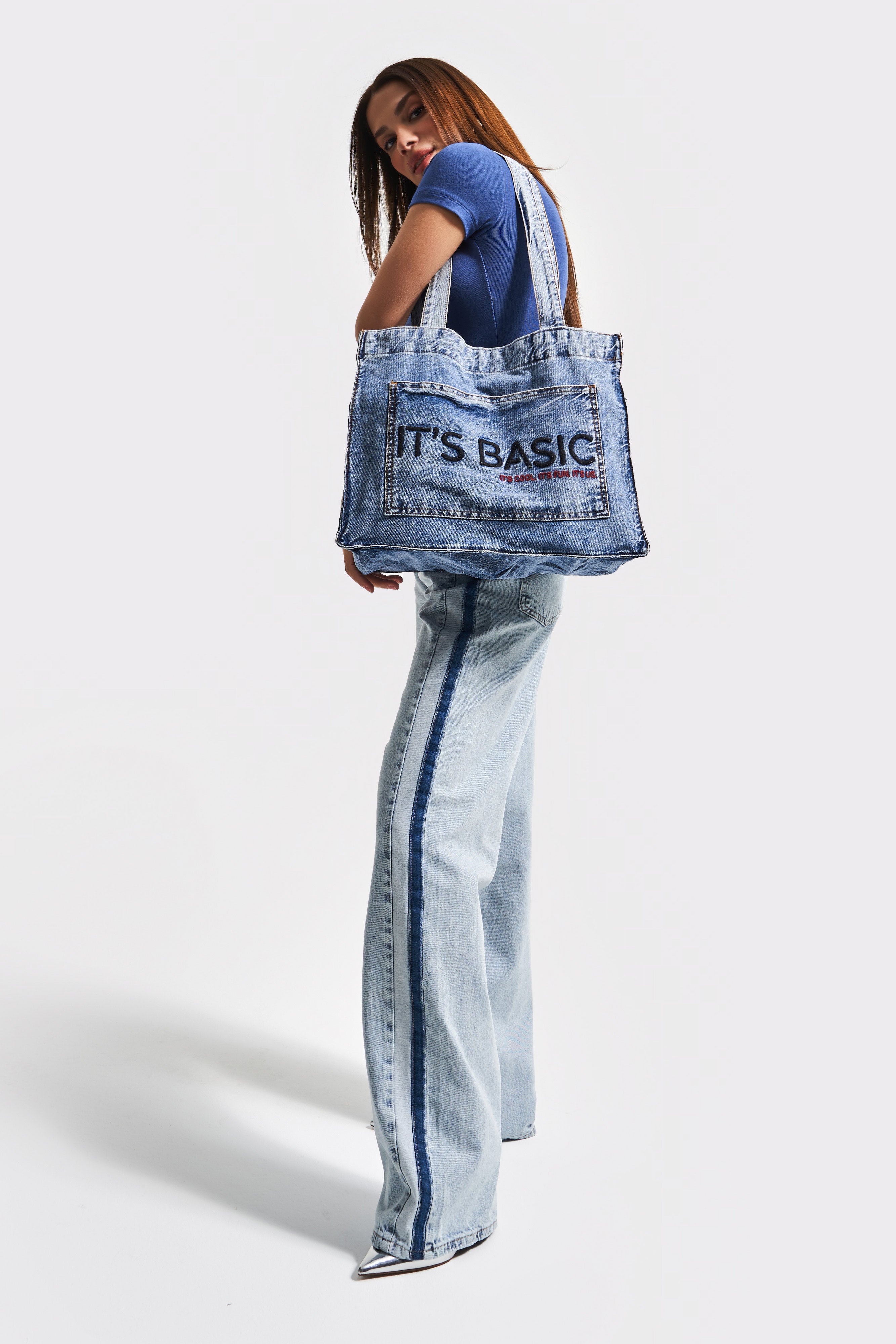Koyu Mavi Renk S3w427 Bordo IT'S BASIC Nakışlı Körüklü Cepli Denim Çanta