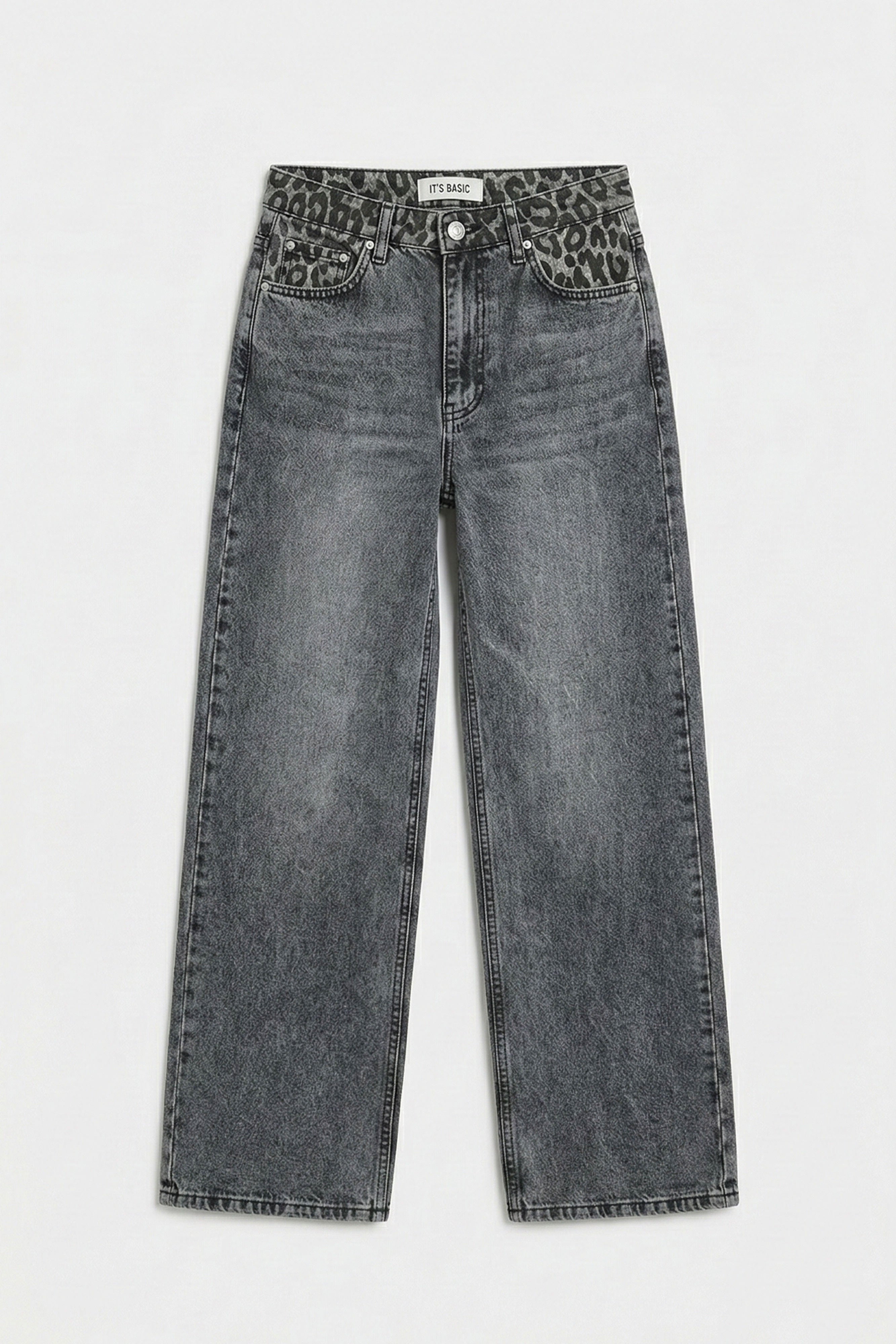Kadın Füme Renk 4S513 Loose Fit Kemeri Leopar Desenli Denim Jean