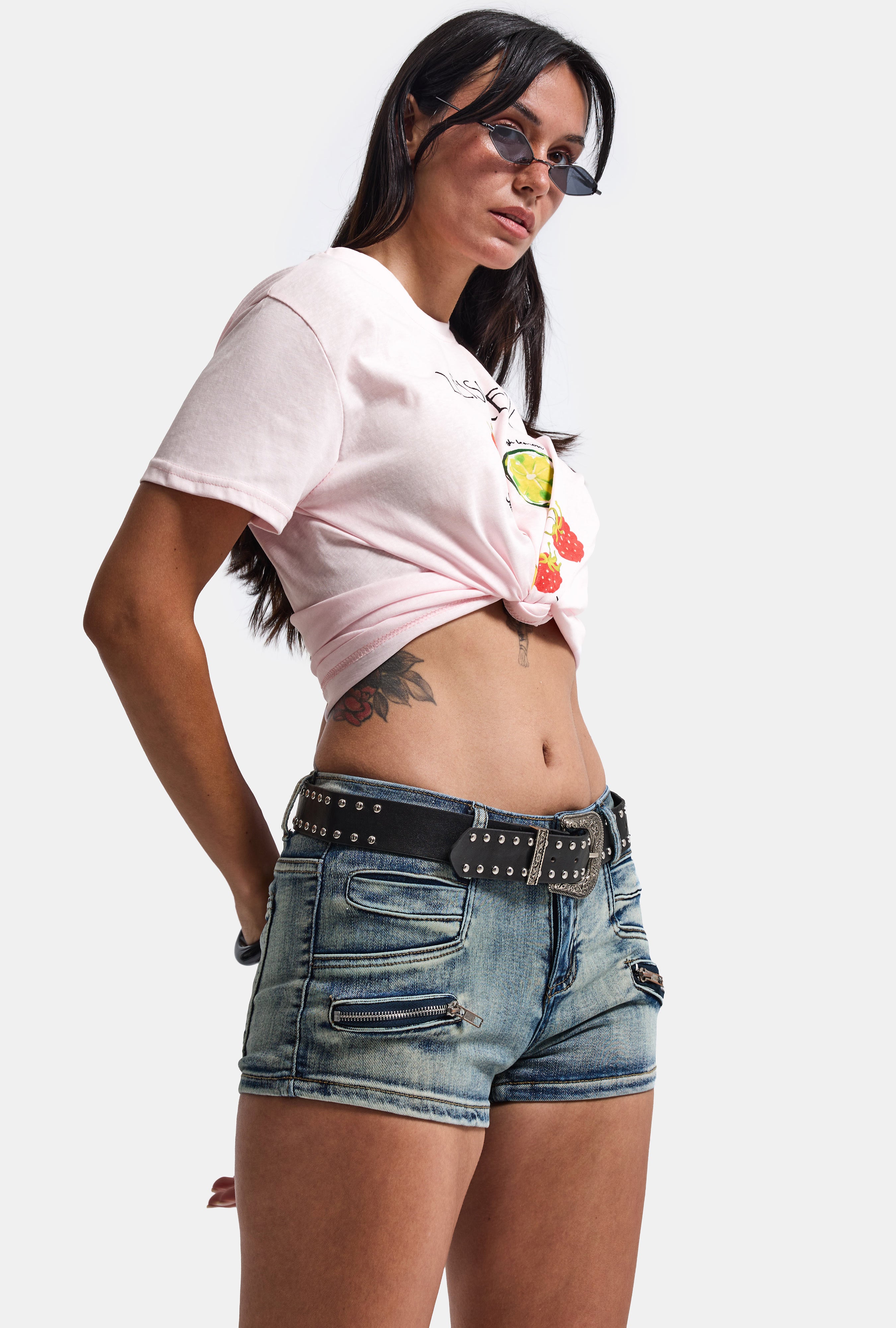 Kadın Kot Rengi Mini Kemer Dahil Özel Tasarım Denim Şort