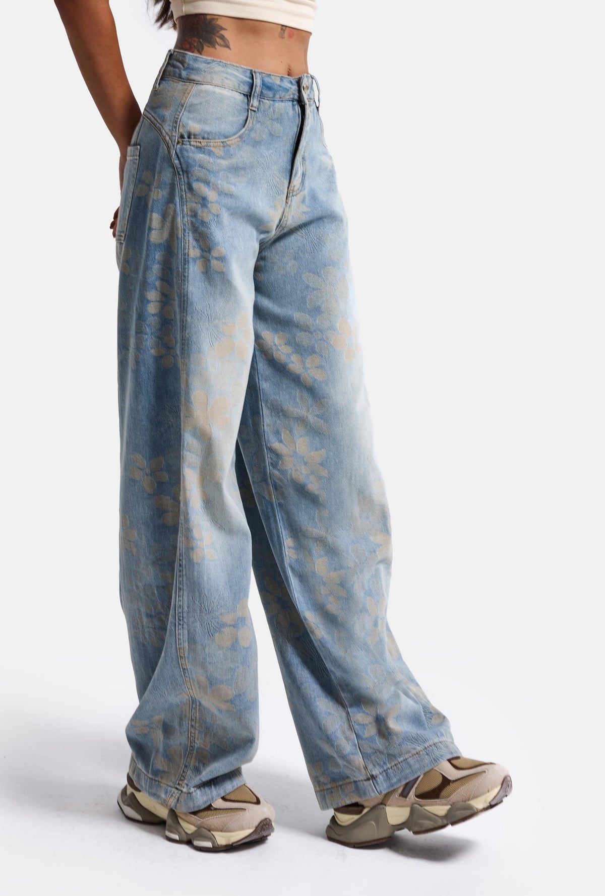 Kadın Mavi Baggy Fit T11T Özel Desenli Kumaş Tasarım Denim Jean
