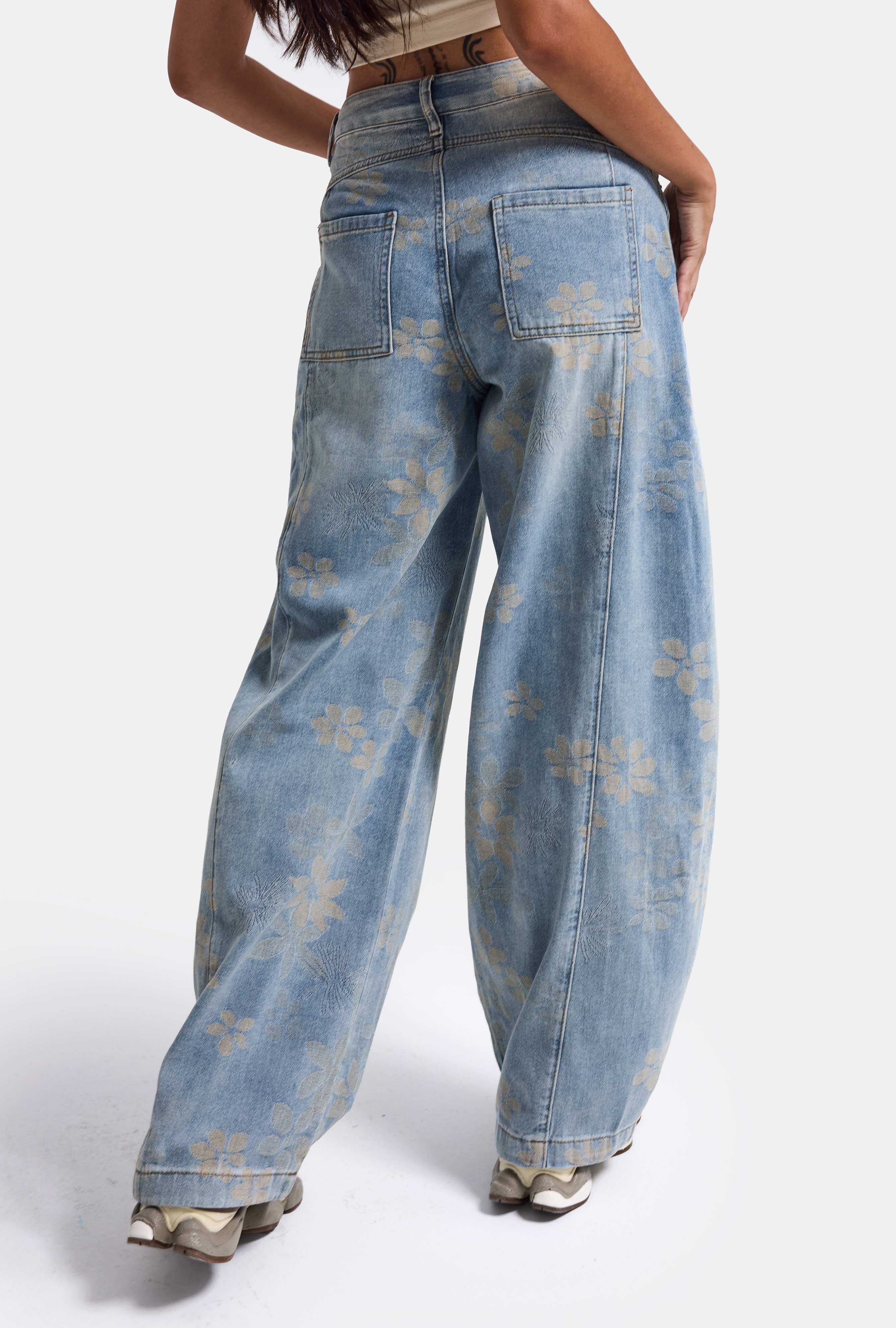 Kadın Mavi Baggy Fit T11T Özel Desenli Kumaş Tasarım Denim Jean