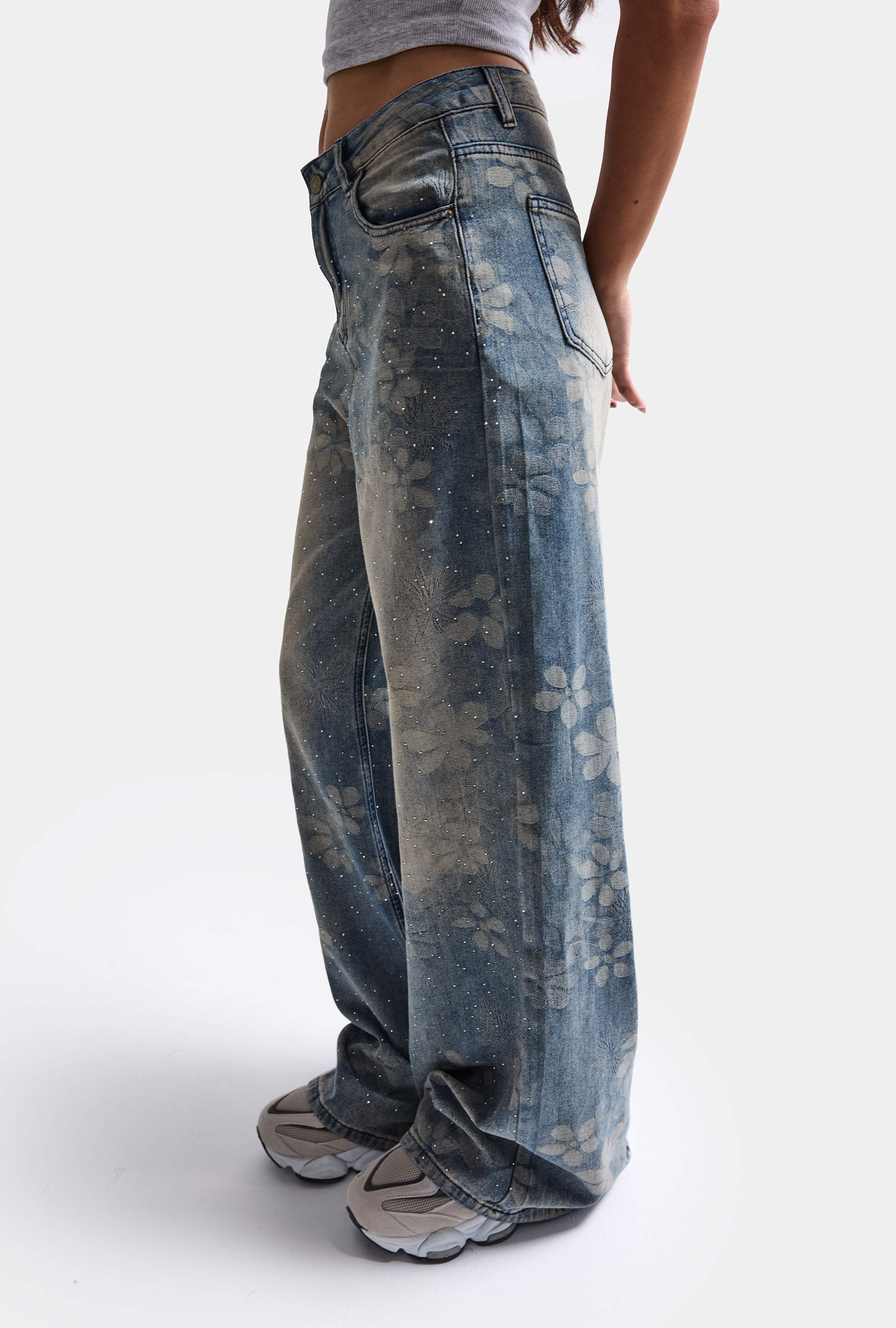 Kadın Mavi Baggy Fit T12T Özel Desenli Kumaş Parlak Taşlı Tasarım Denim Jean