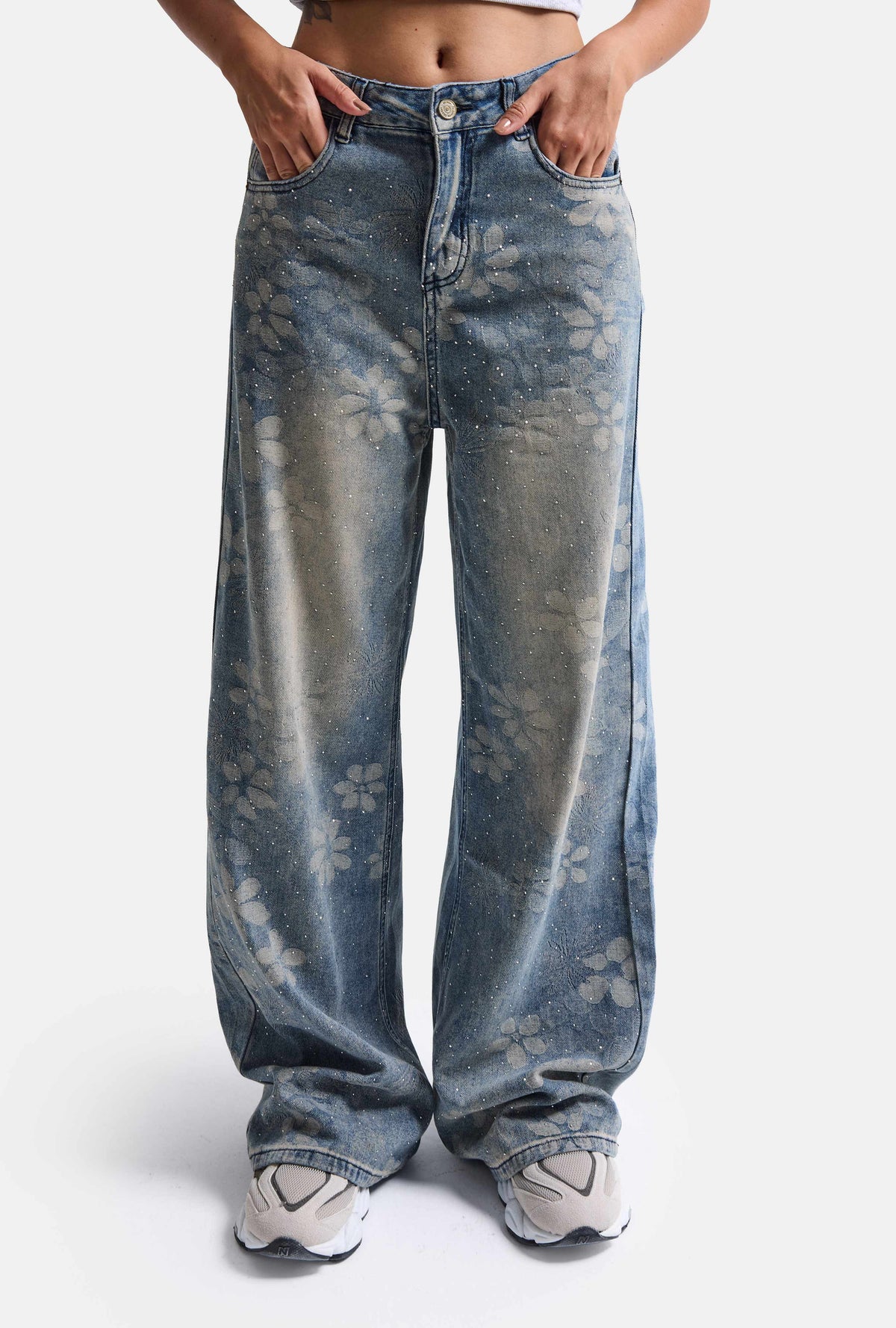 Kadın Mavi Baggy Fit T12T Özel Desenli Kumaş Parlak Taşlı Tasarım Denim Jean