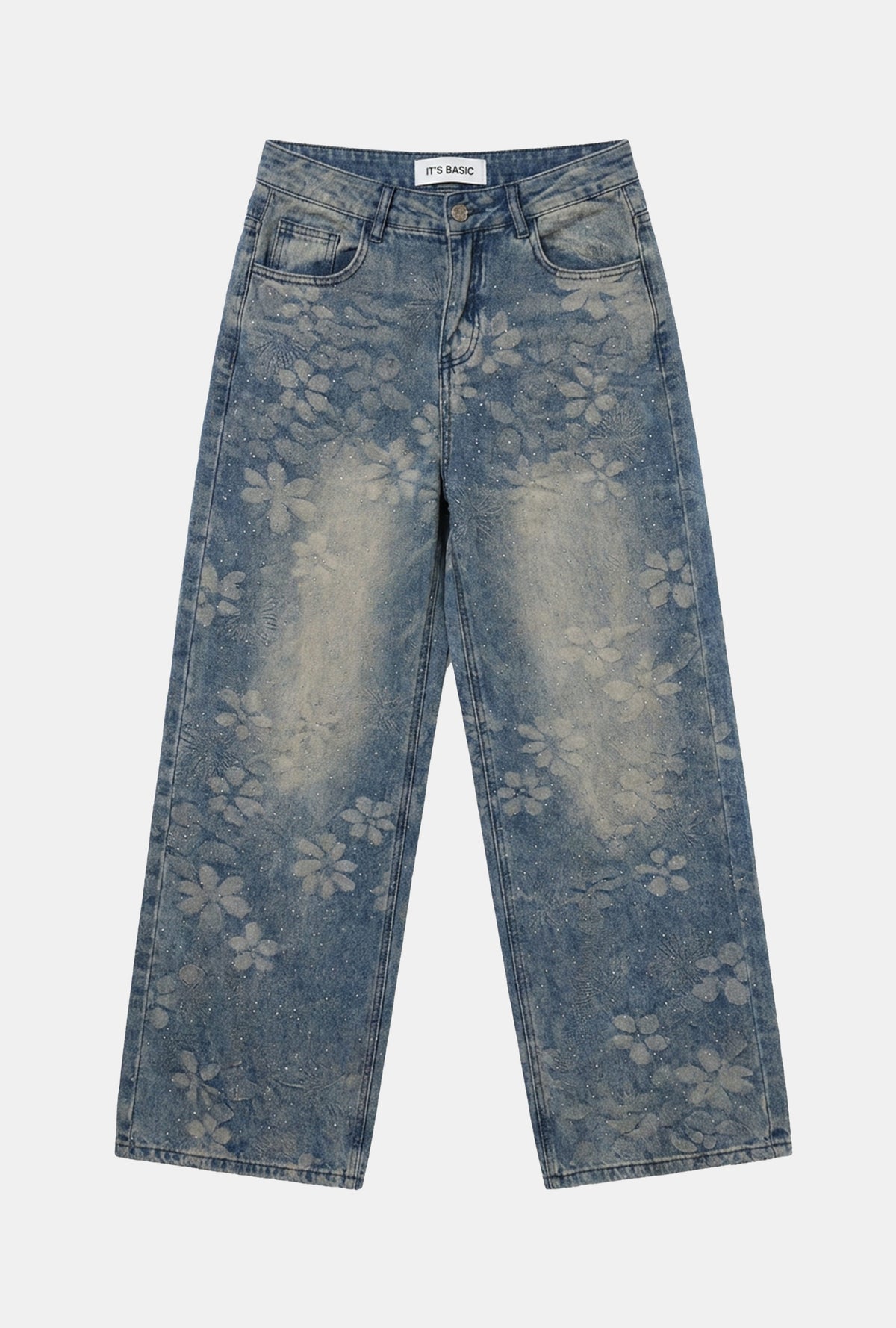 Kadın Mavi Baggy Fit T12T Özel Desenli Kumaş Parlak Taşlı Tasarım Denim Jean