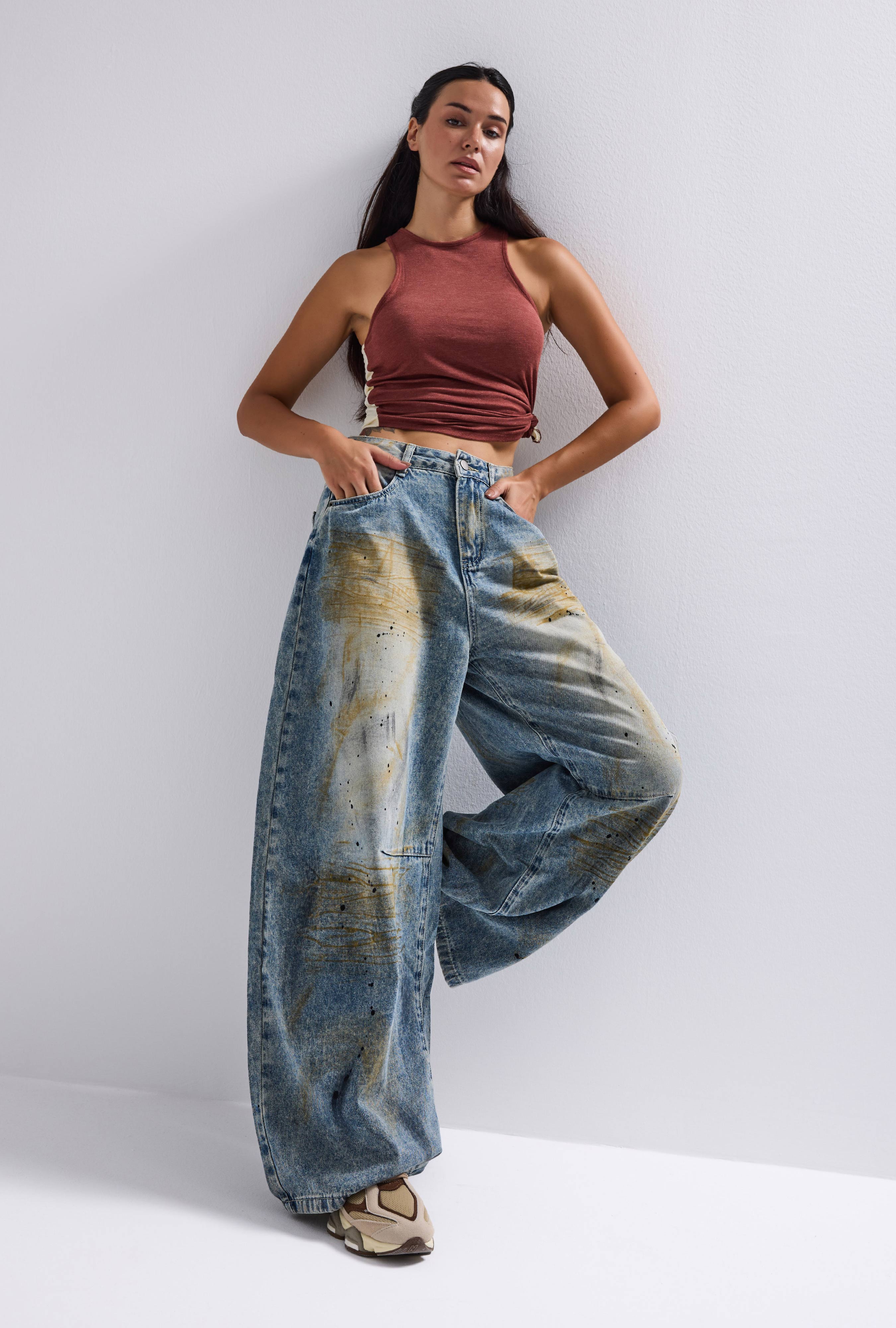 Kadın Kot Rengi Palazzo Fit T14T Özel Yıkama Tasarım Denim Jean