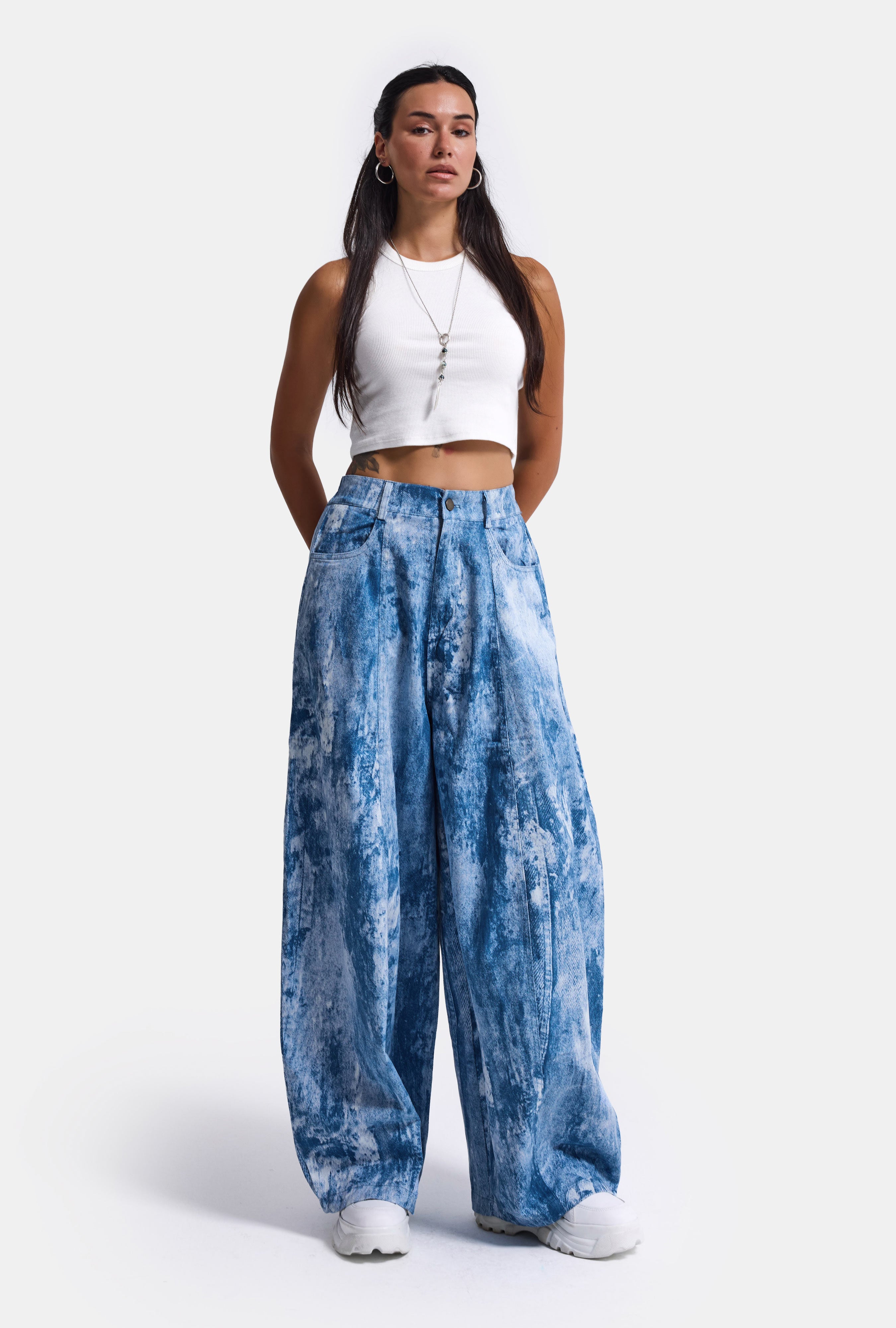 Kadın Mavi Baggy Fit Özel Kumaş Tasarım Pantolon
