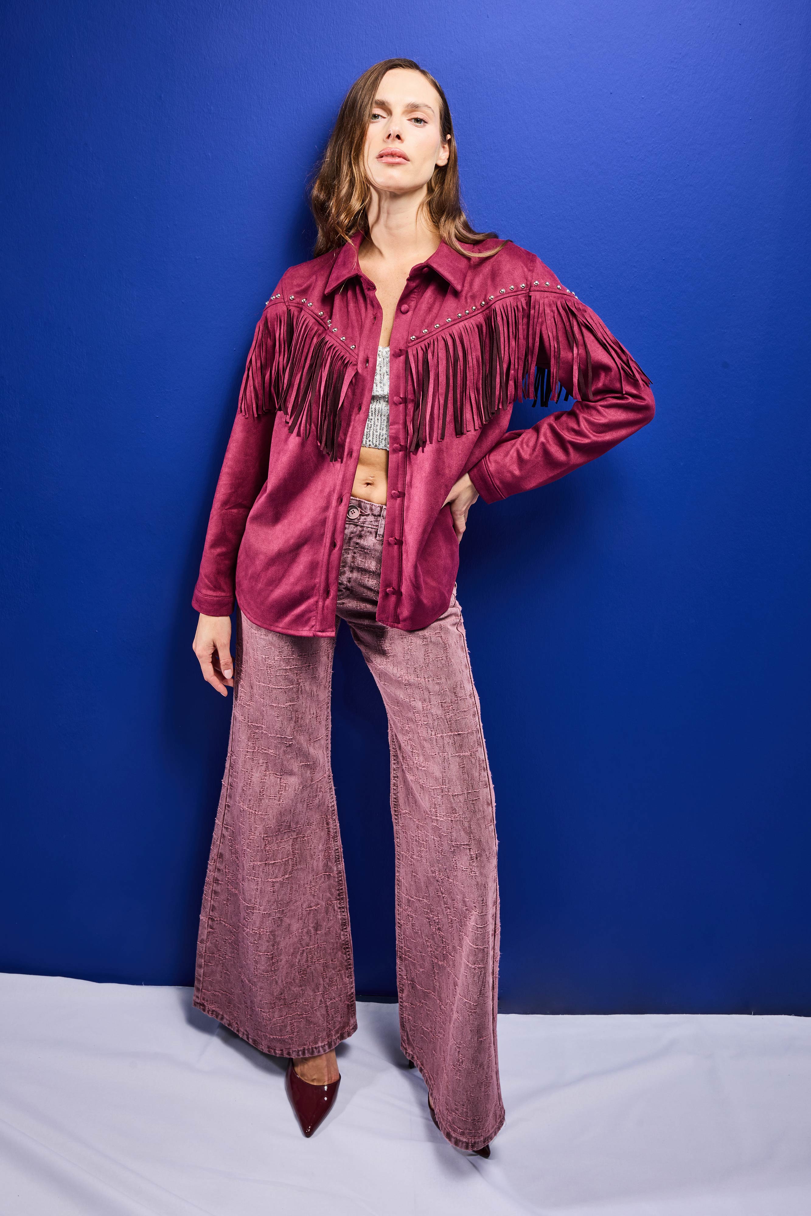 Kadın Bordo Süet Kumaş Püskül ve Drop Detaylı Tasarım Gömlek Ceket