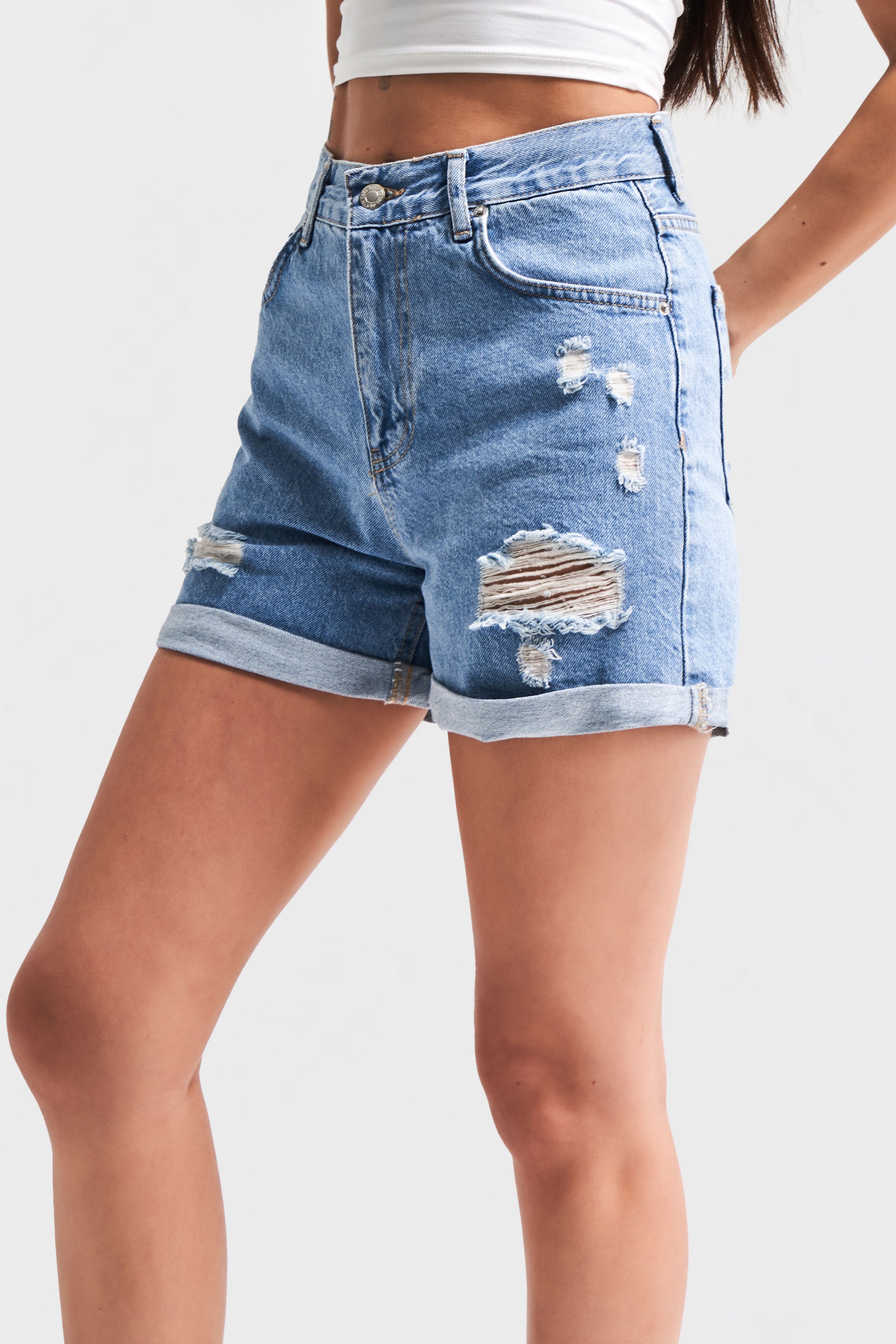 Ripped Model High Waist Denim Color Jeans