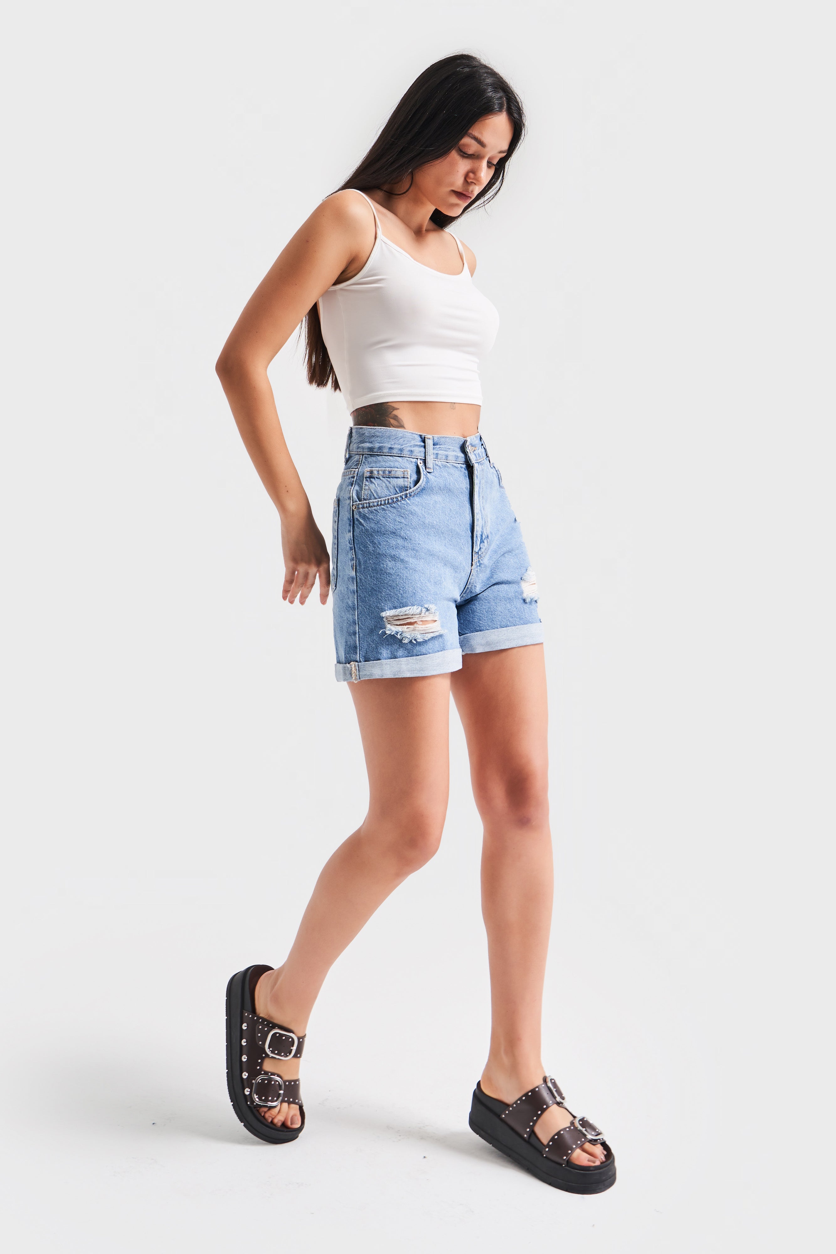 Ripped Model High Waist Denim Color Jeans