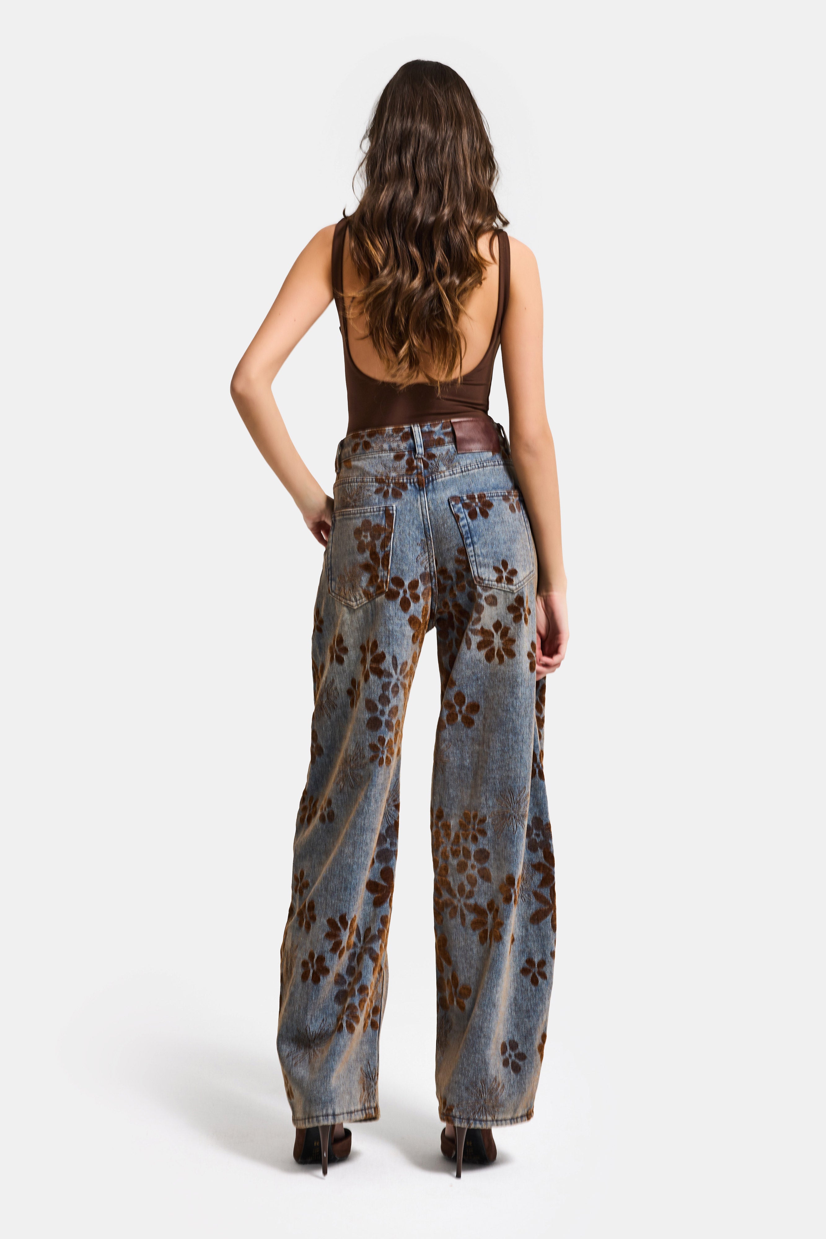 Kadın T.Kot Rengi s5-8 Özel Flok Desenli Skater Fit Tasarım Denim Jean