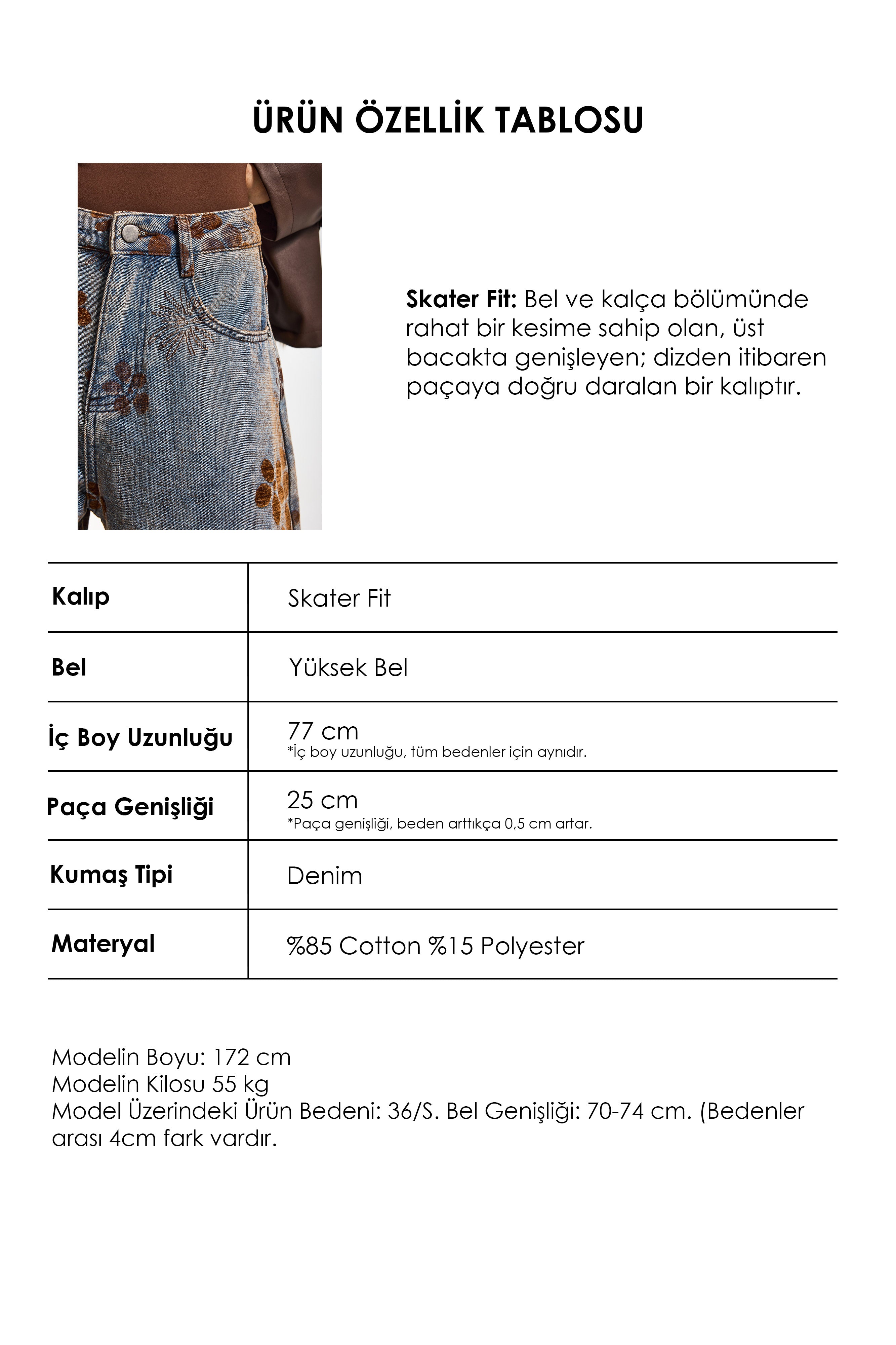 Kadın T.Kot Rengi s5-8 Özel Flok Desenli Skater Fit Tasarım Denim Jean