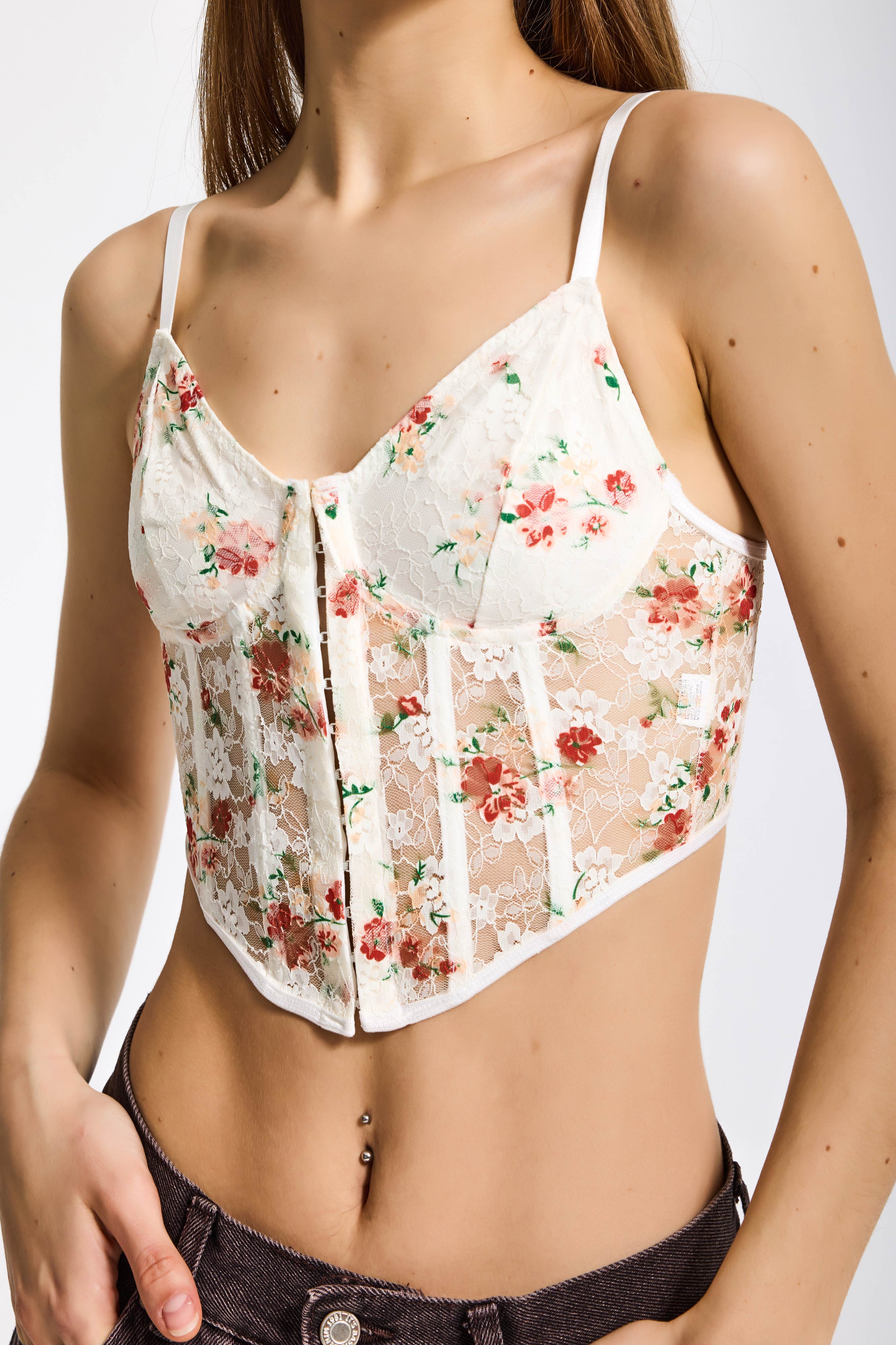 Kadın Ekru Çiçekli w5 Balenli Askılı Dantel Çiçek Desenli Özel Tasarım Büstiyer