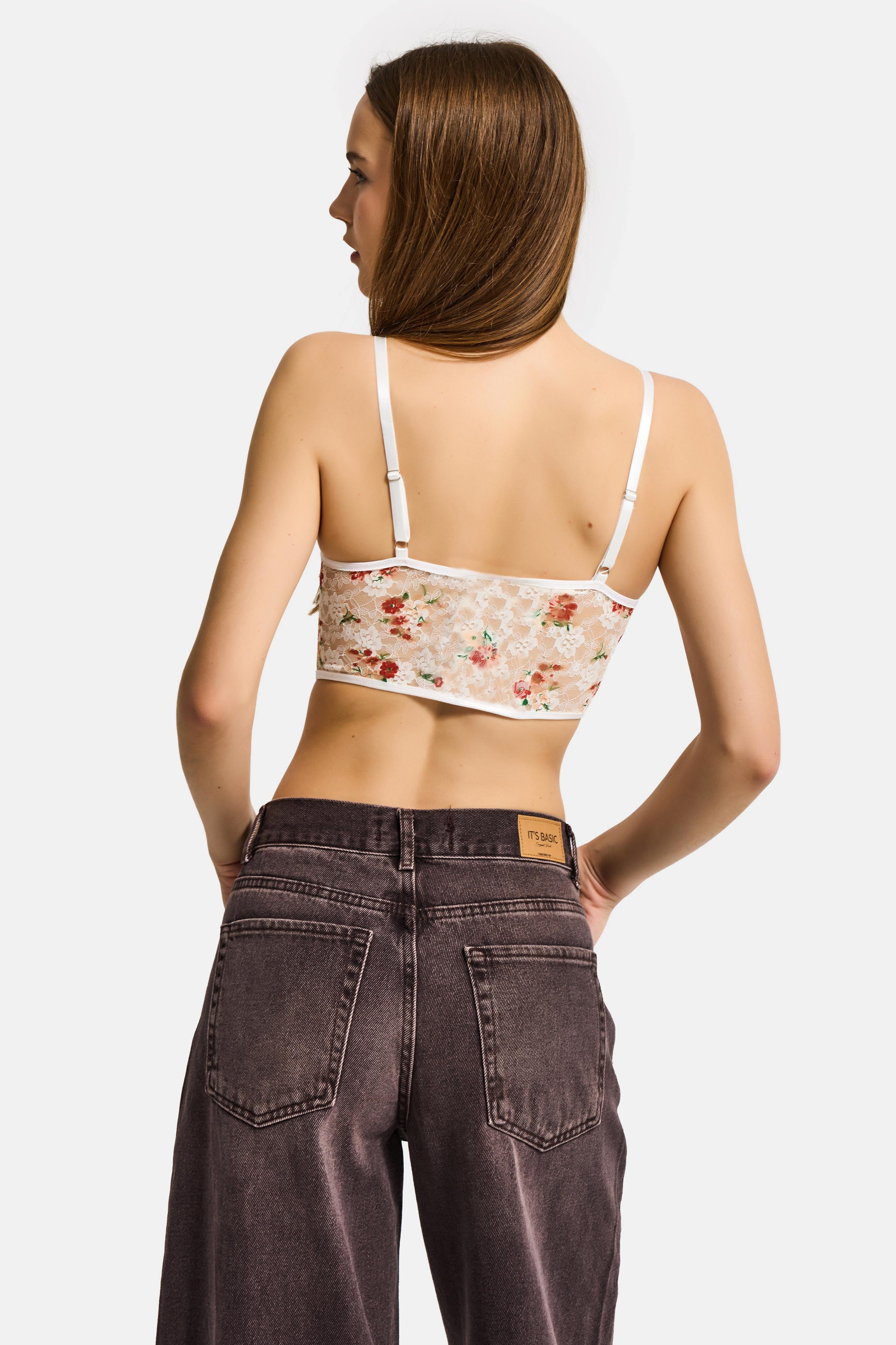 Kadın Ekru Çiçekli w5 Balenli Askılı Dantel Çiçek Desenli Özel Tasarım Büstiyer